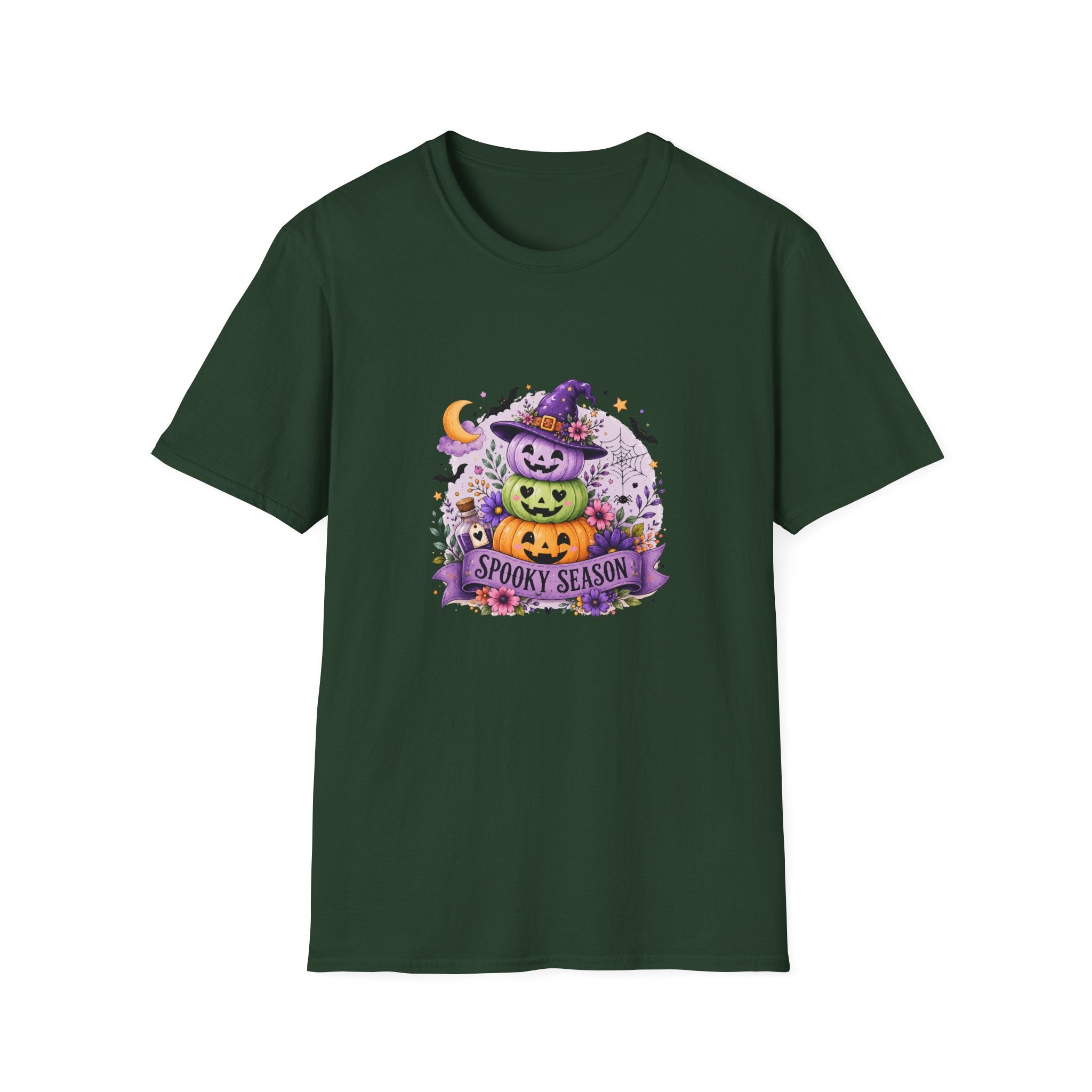 Spooky Season Pumpkin Stack T-Shirt — Cute Halloween Gift for Women Witch Hat Tee