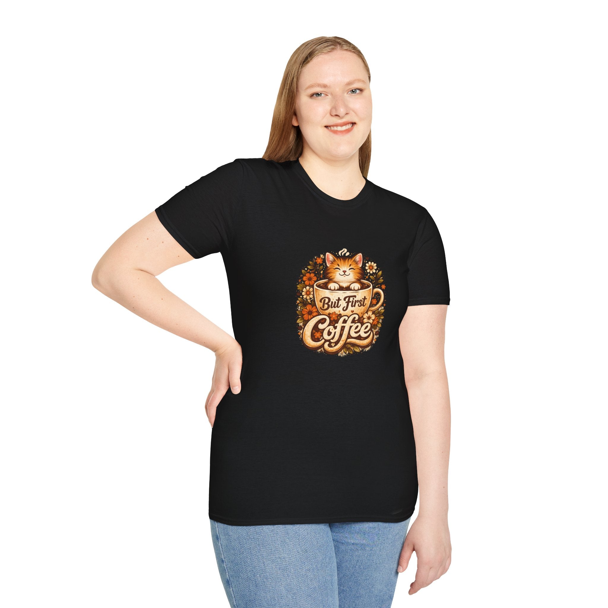 But First Coffee Cat T-Shirt — Cute Floral Gift for Coffee Lovers Women's Tee