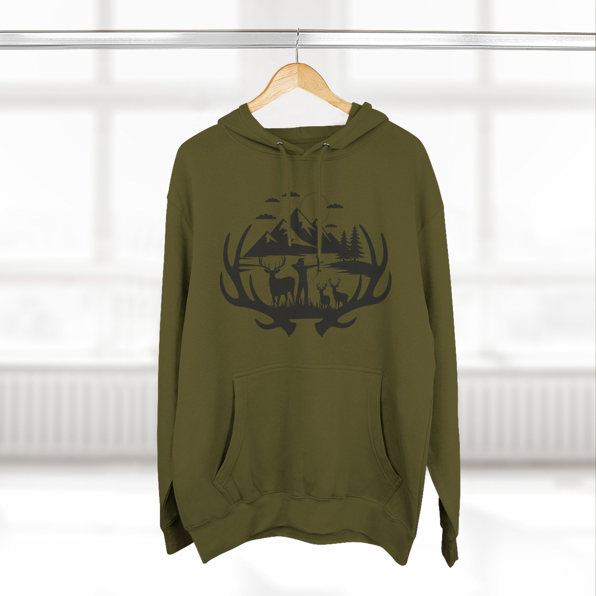 Deer Antler Mountain Hoodie — Rustic Outdoor Gift for Him Wildlife Graphic Pullover