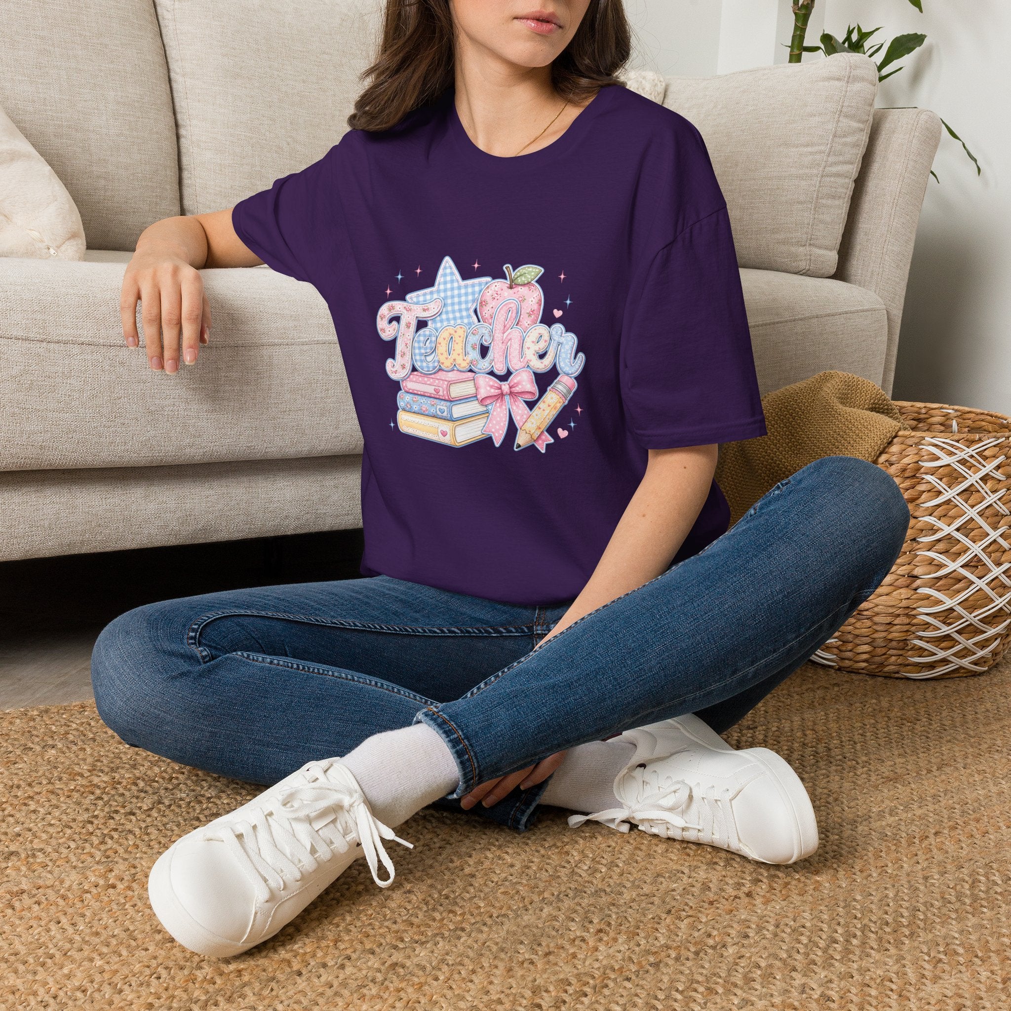 Cute Pastel Apple & Books Teacher T-Shirt — Funny Back-to-School Gift Graphic Tee