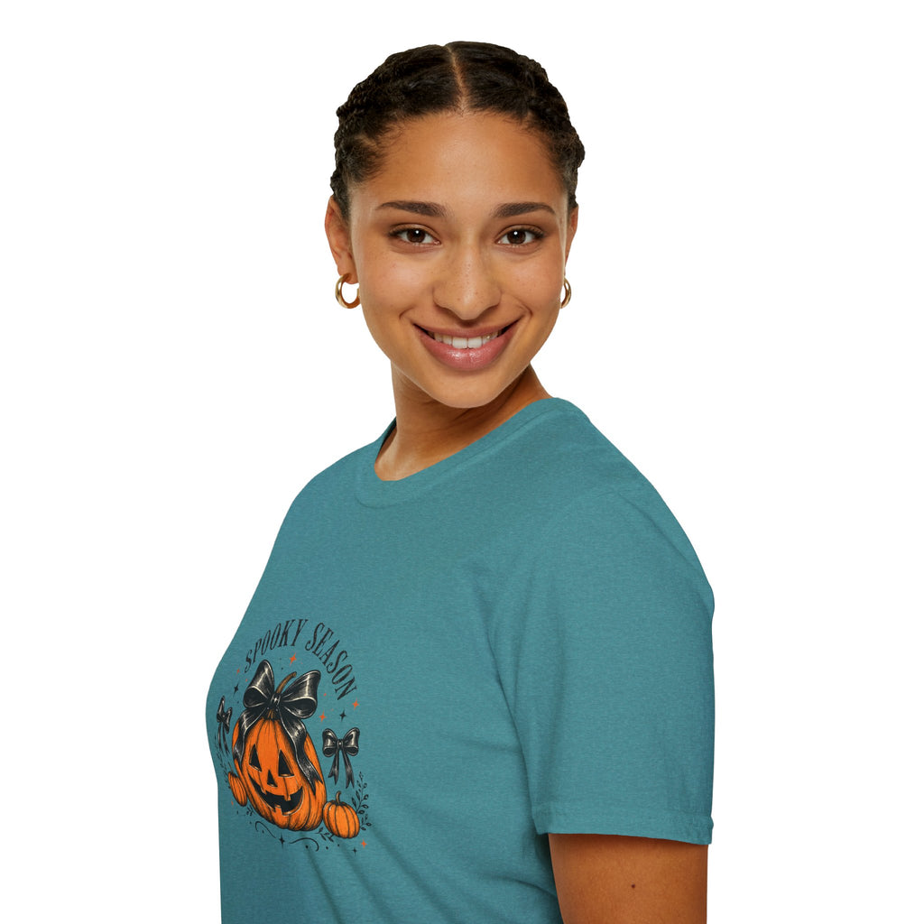Spooky Season Jack-O'-Lantern Bow T-Shirt — Cute Halloween Gift for Women Graphic Tee