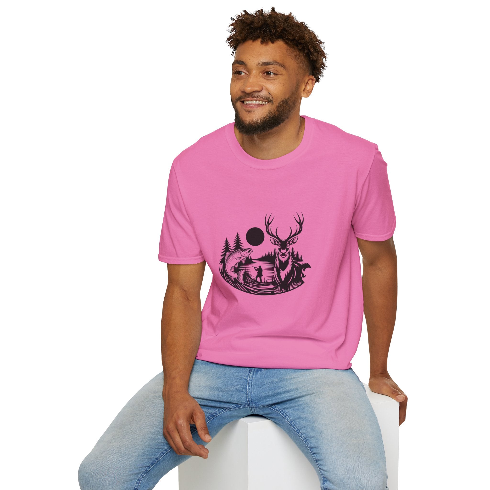 Deer & Fish Forest Silhouette T-Shirt — Rustic Outdoor Gift for Hunters Graphic Tee