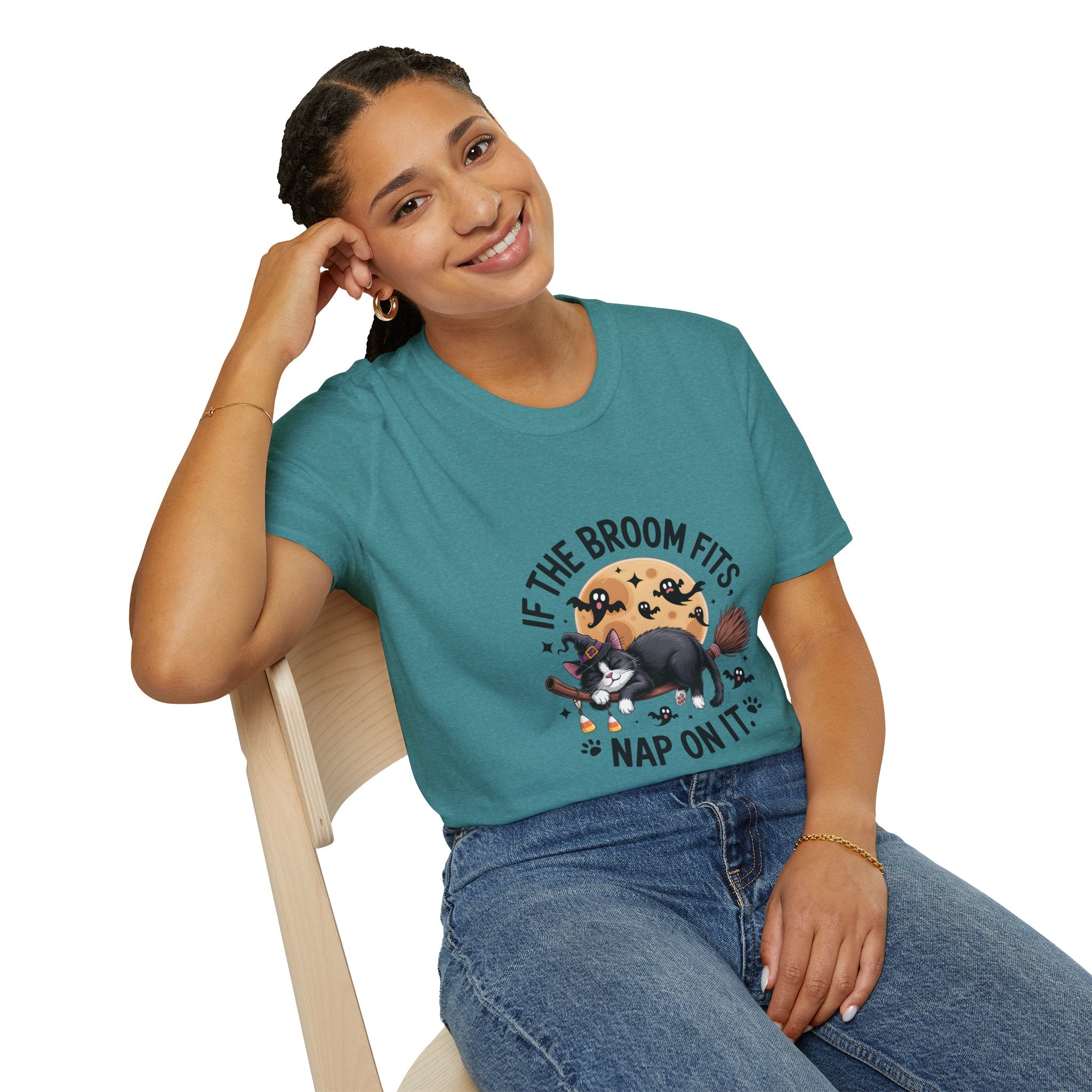 If the Broom Fits Nap on It Cat T-Shirt — Funny Halloween Gift for Women Witchy Tee