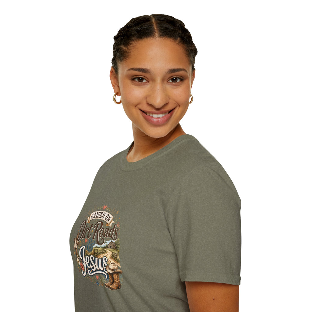 Raised on Dirt Roads & Jesus T-Shirt — Rustic Christian Gift for Women Faith Tee