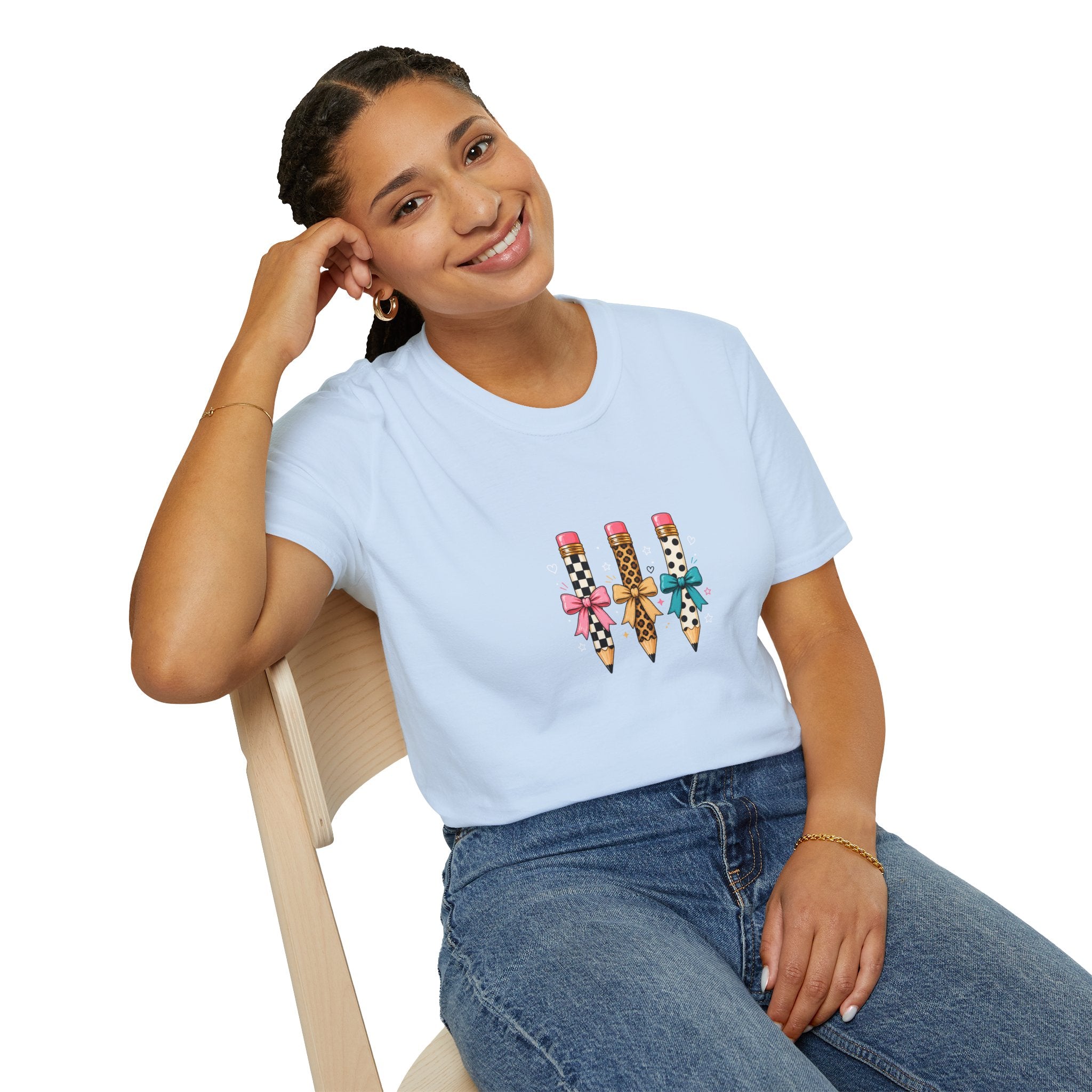Pencil Trio Graphic T-Shirt — Cute Patterned Pencils with Bows