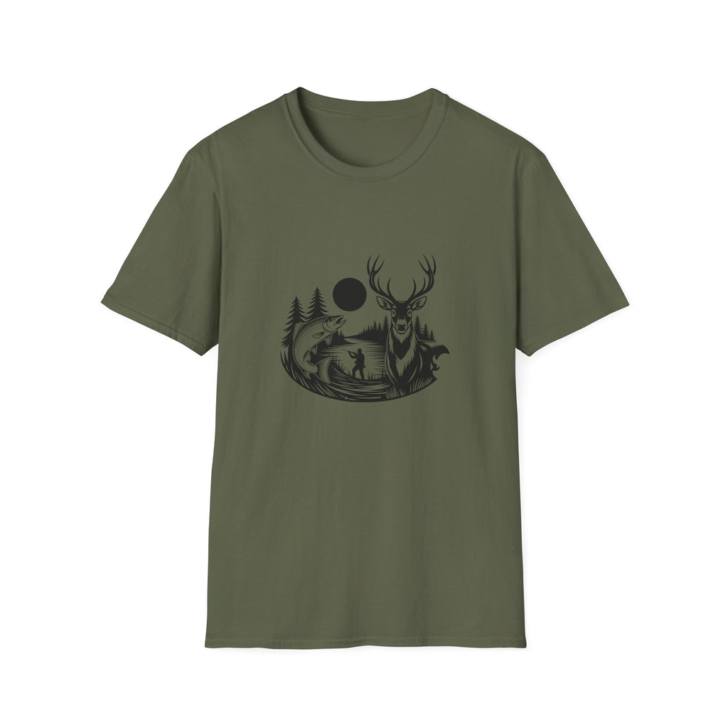 Deer & Fish Forest Silhouette T-Shirt — Rustic Outdoor Gift for Hunters Graphic Tee