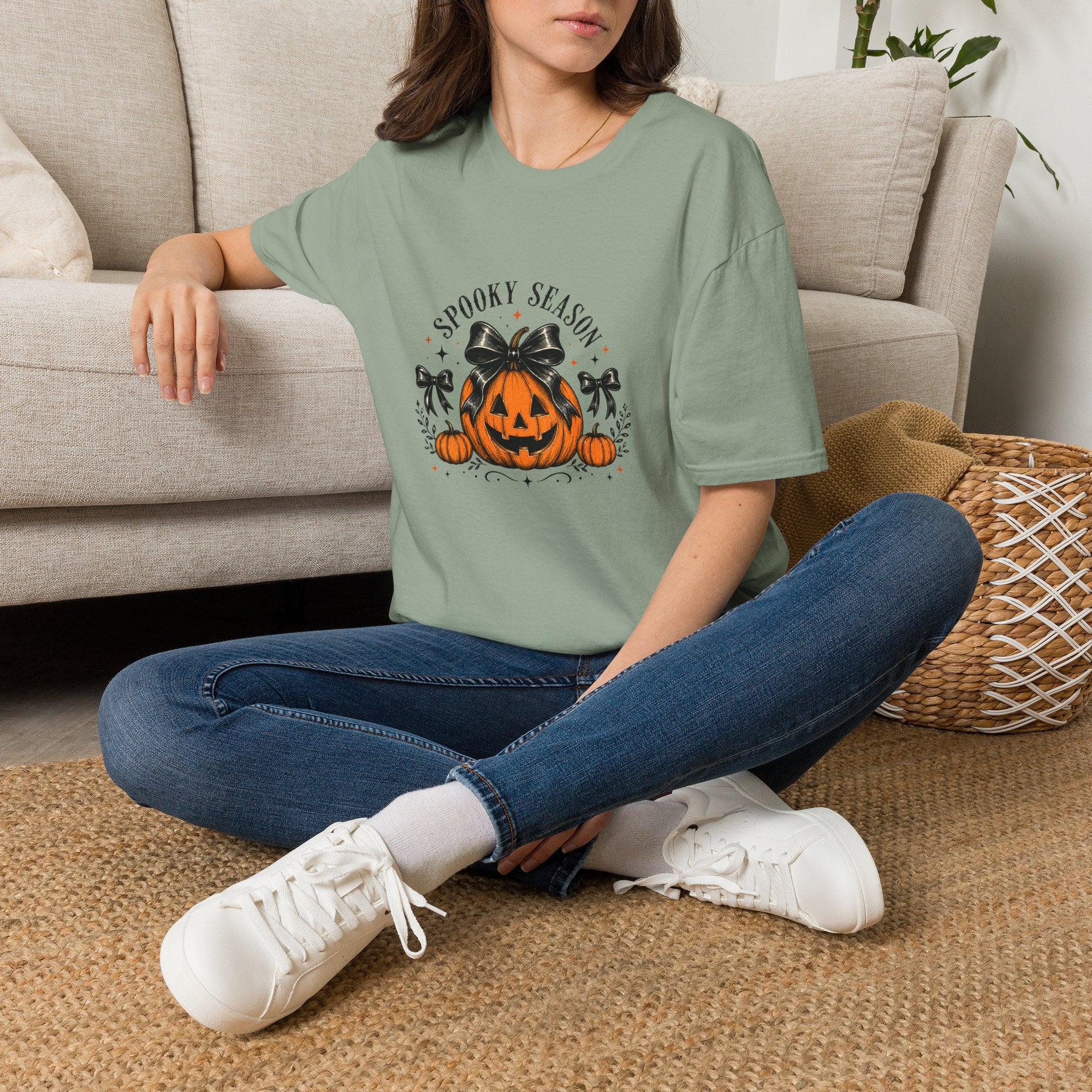 Spooky Season Jack-O'-Lantern Bow T-Shirt — Cute Halloween Gift for Women Graphic Tee