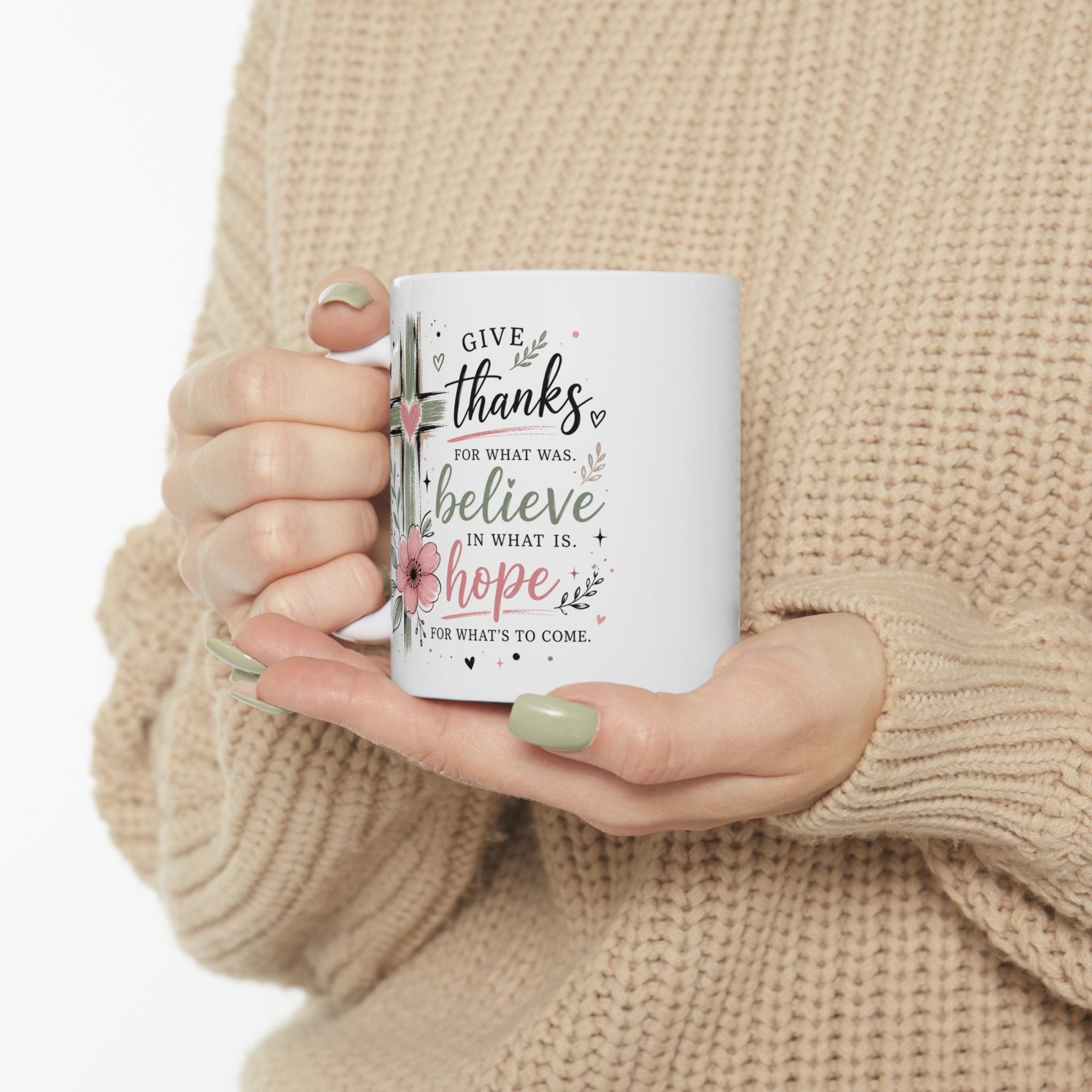 Floral Cross Give Thanks Ceramic Mug — Inspirational Christian Gift Coffee Cup 11oz 15oz