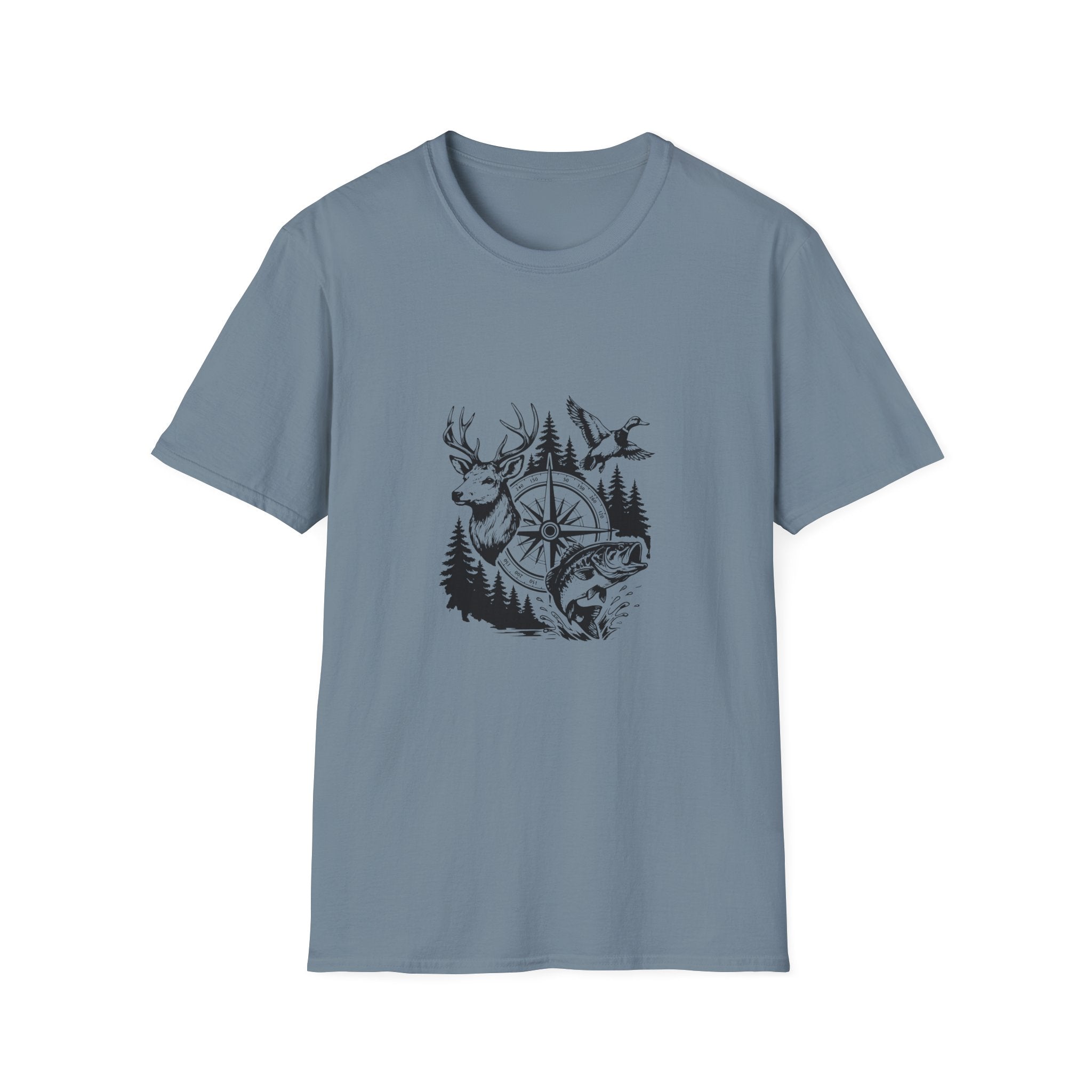 Outdoor Wildlife Compass T-Shirt — Deer Duck & Fish Nature Gift for Hunters