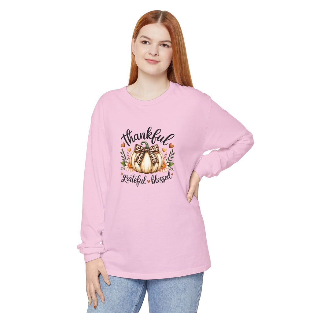 Thankful Grateful Blessed Pumpkin Long Sleeve — Cute Fall Thanksgiving Gift for Women