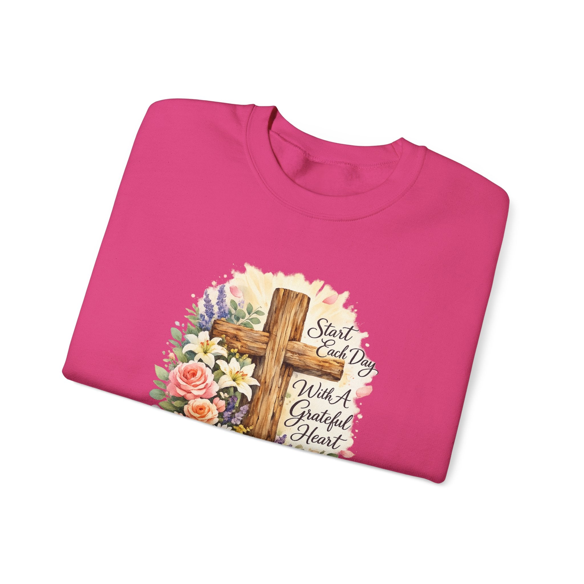 Christian Crewneck Sweatshirt — "Start Each Day with a Grateful Heart" Floral Cross