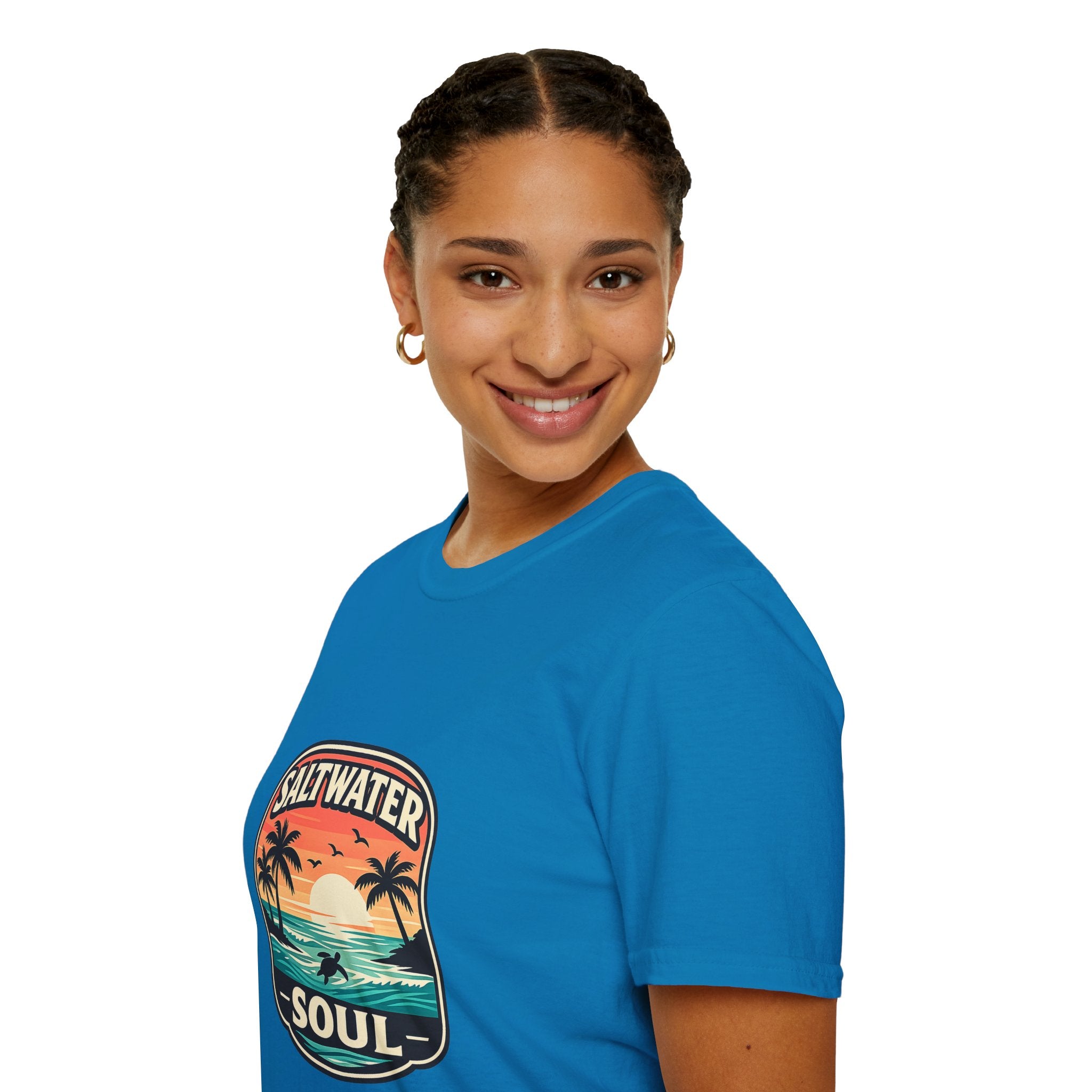 Saltwater Soul Retro Beach T-Shirt — Cute Coastal Gift for Women Sunset Palm Tee