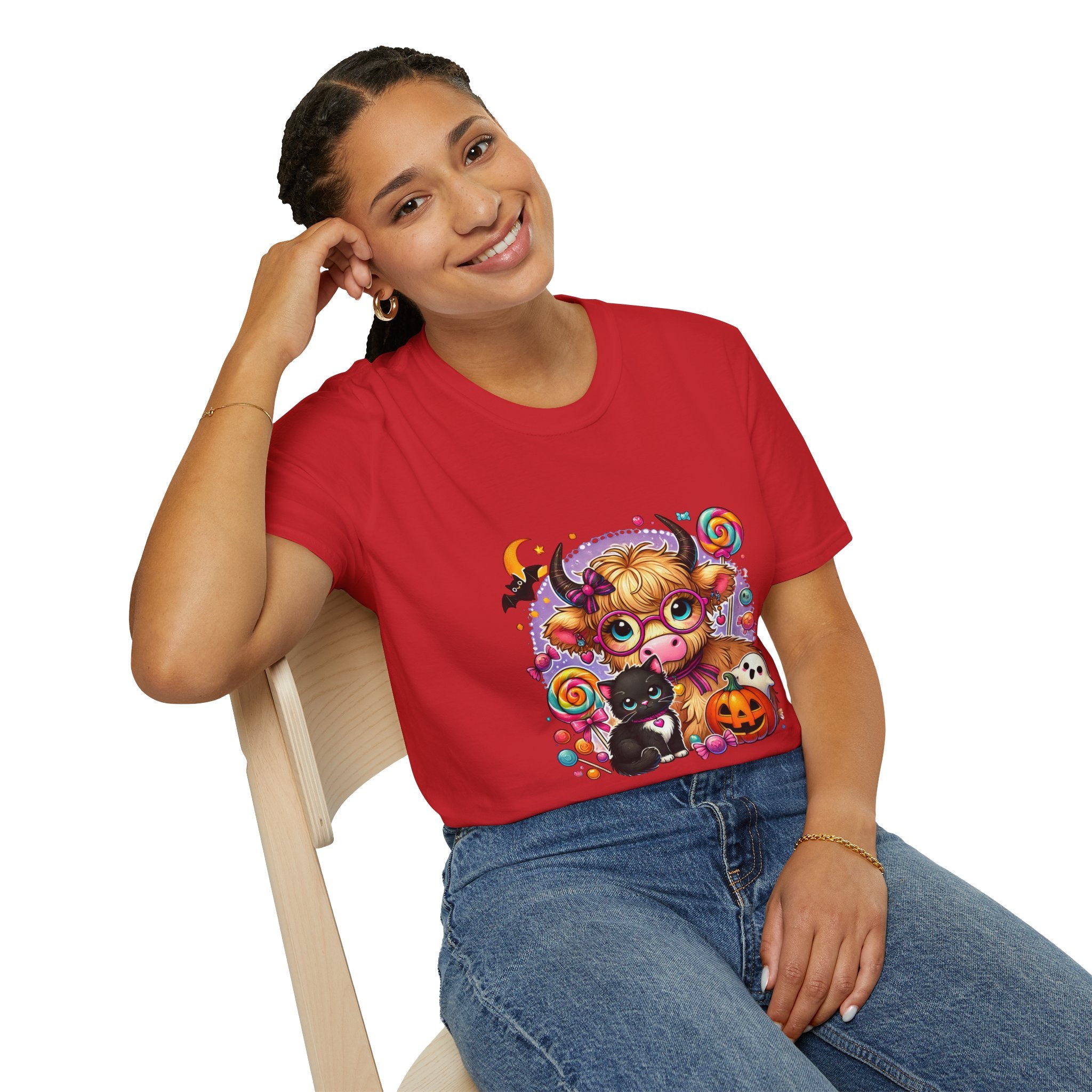 Cute Halloween Cow T-Shirt — Funny Gift for Her Candy Pumpkins & Kitty Costume Tee