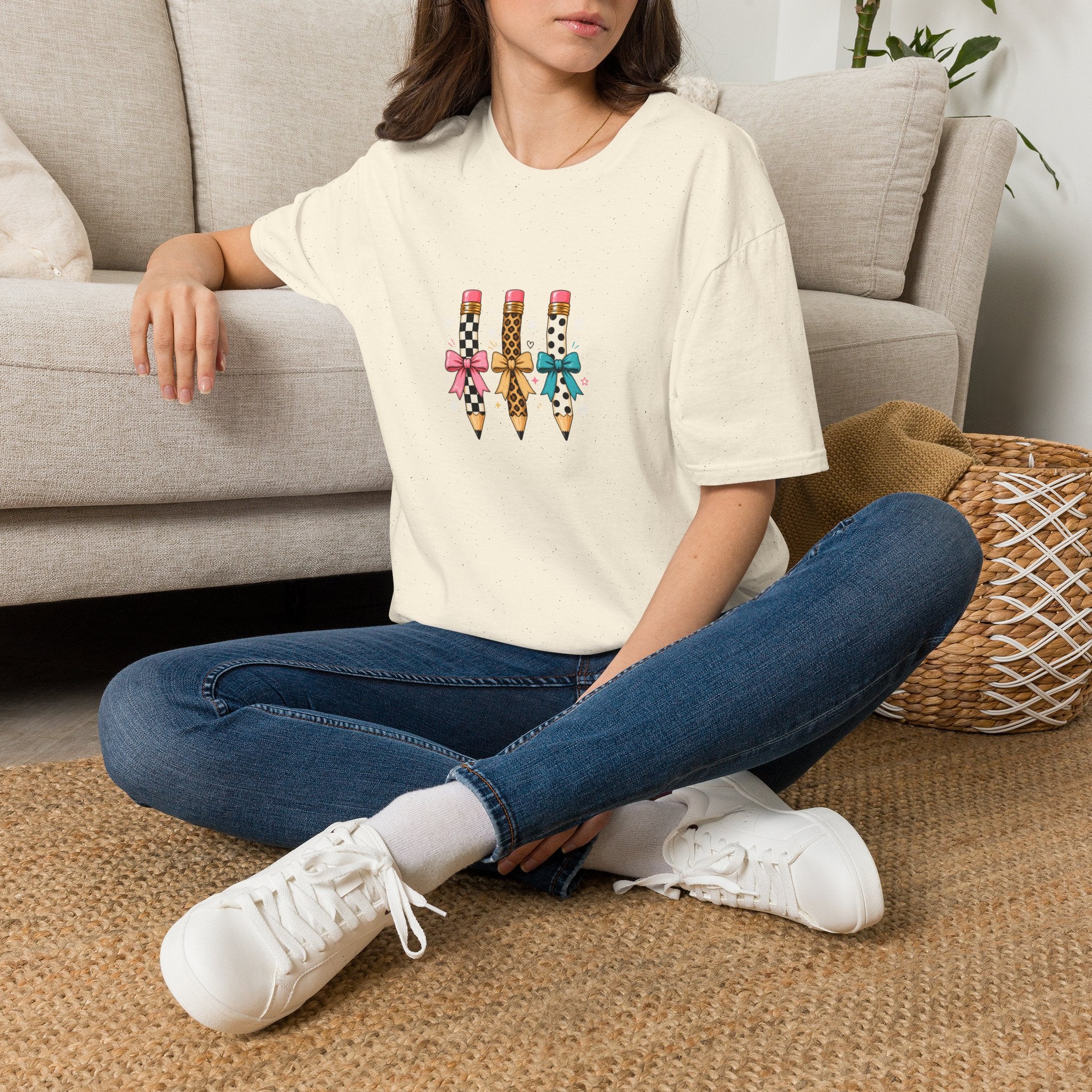 Pencil Trio Graphic T-Shirt — Cute Patterned Pencils with Bows