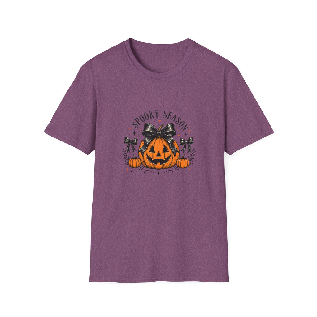 Spooky Season Jack-O'-Lantern Bow T-Shirt — Cute Halloween Gift for Women Graphic Tee