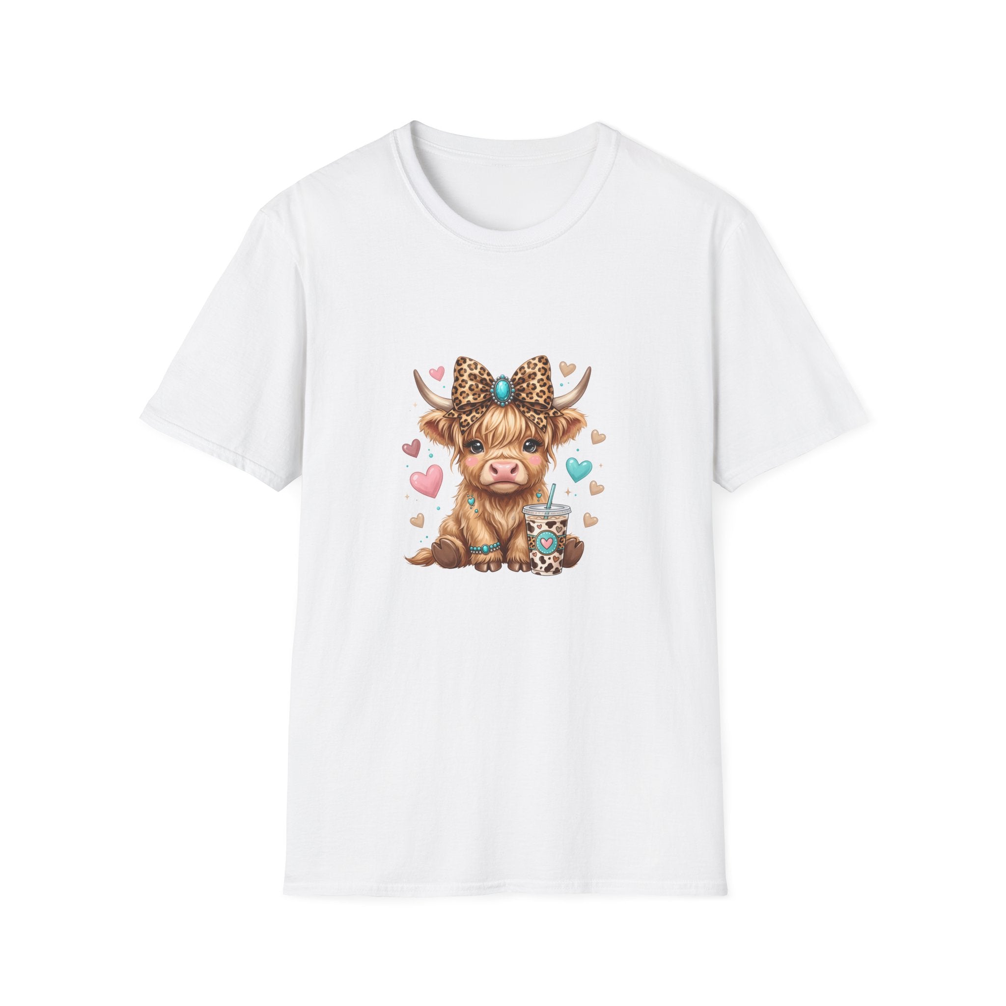 Highland Cow Leopard Bow T-Shirt — Cute Funny Gift for Her Hearts Graphic Tee