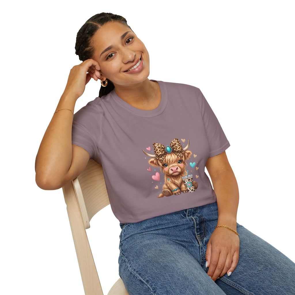 Highland Cow Leopard Bow T-Shirt — Cute Funny Gift for Her Hearts Graphic Tee