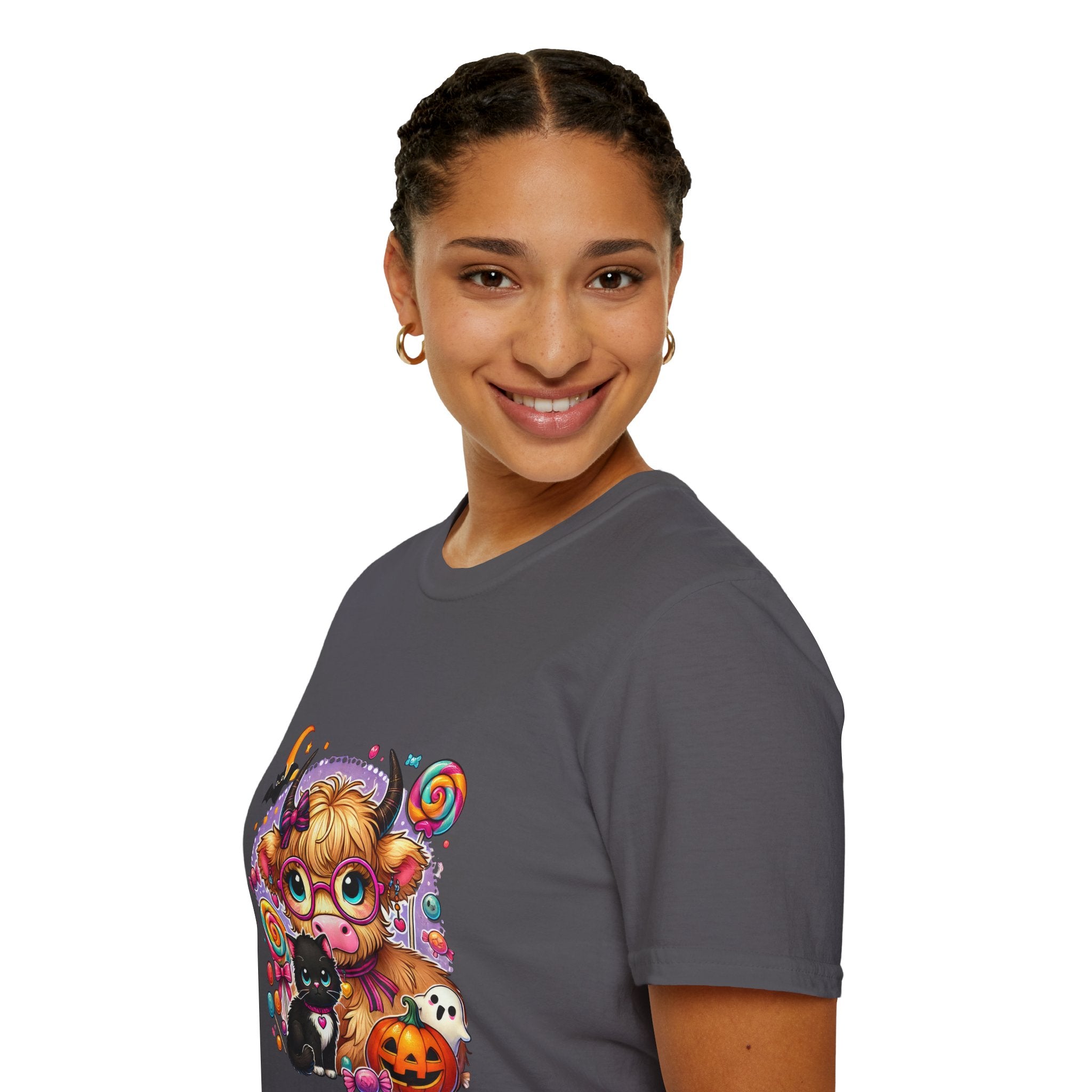 Cute Halloween Cow T-Shirt — Funny Gift for Her Candy Pumpkins & Kitty Costume Tee