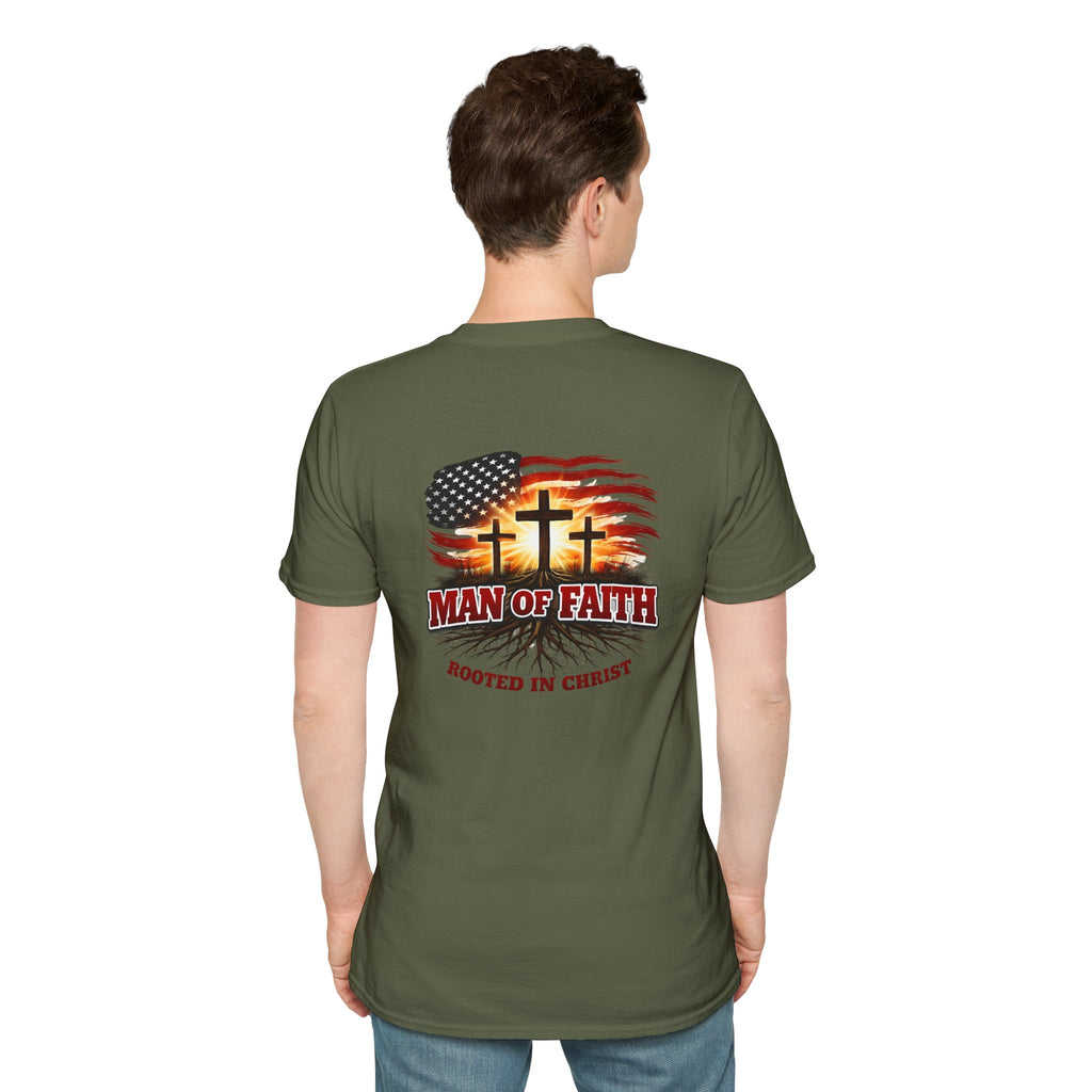 Man of Faith Rooted in Christ T-Shirt — Christian Gift for Him Flag & Cross Back Print Graphic Tee