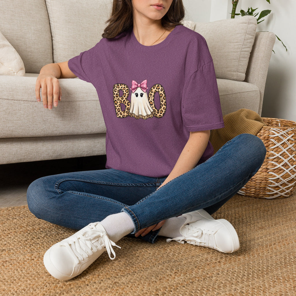 Boo Leopard Ghost T-Shirt — Cute Pink Bow Halloween Gift for Women Graphic Tee