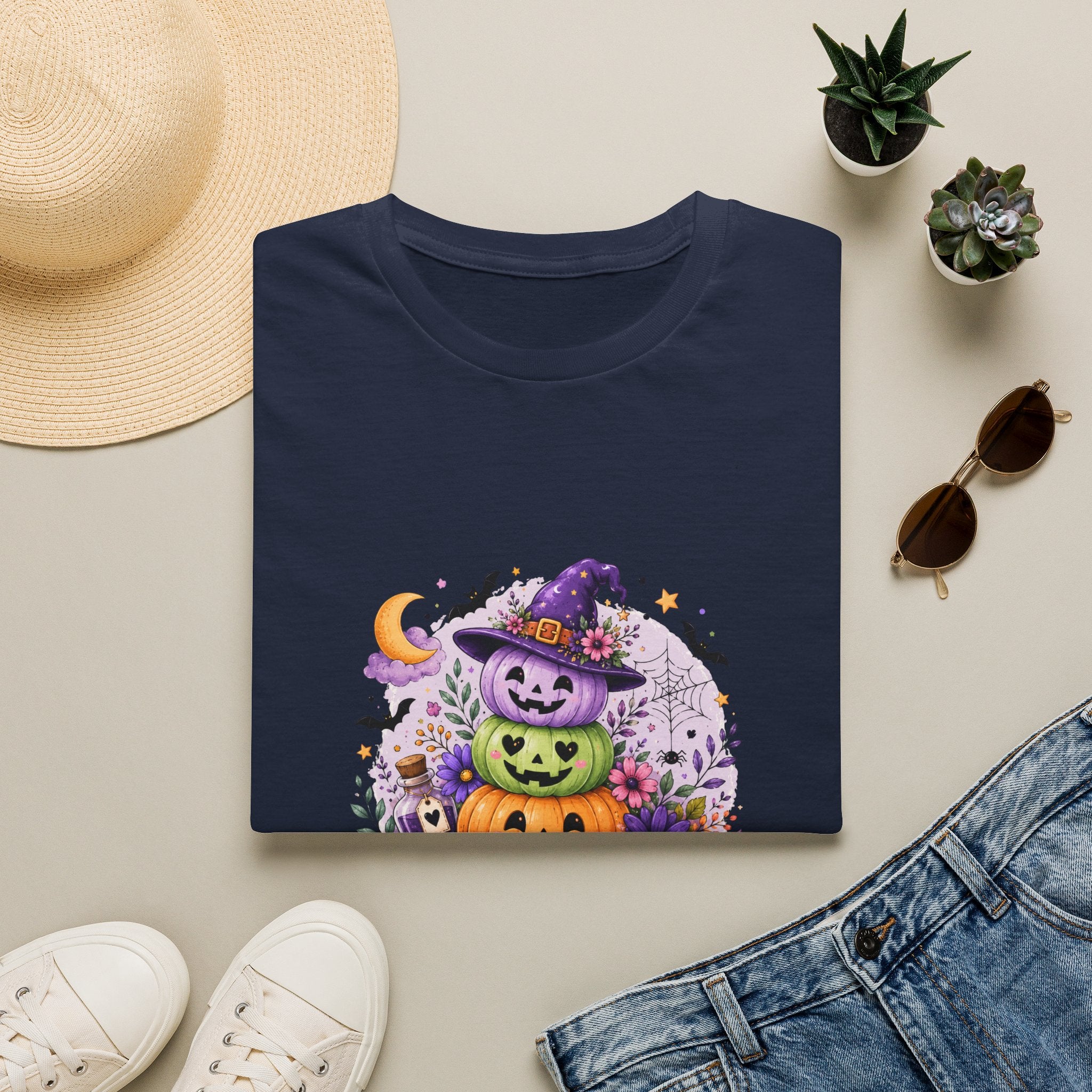 Spooky Season Pumpkin Stack T-Shirt — Cute Halloween Gift for Women Witch Hat Tee