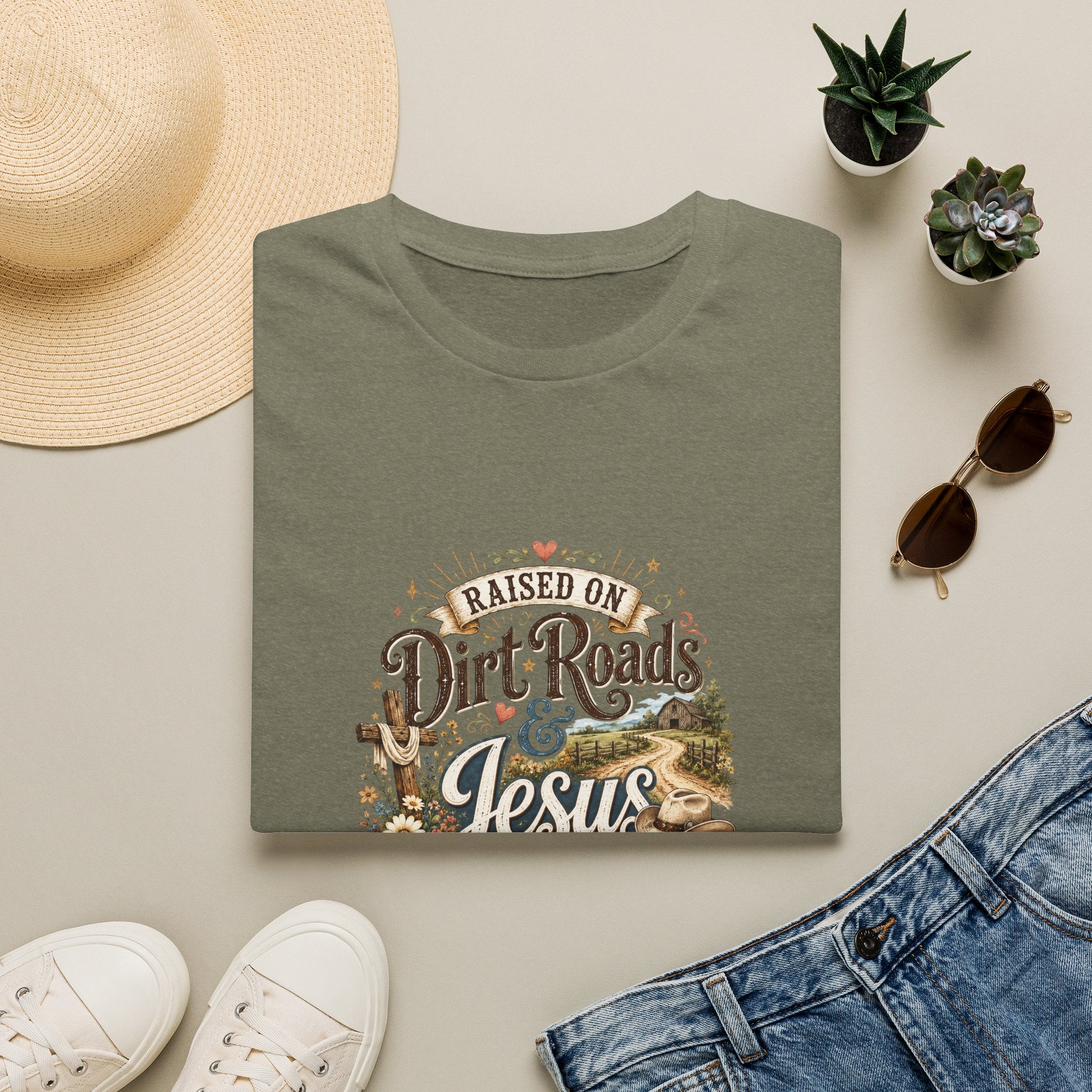 Raised on Dirt Roads & Jesus T-Shirt — Rustic Christian Gift for Women Faith Tee