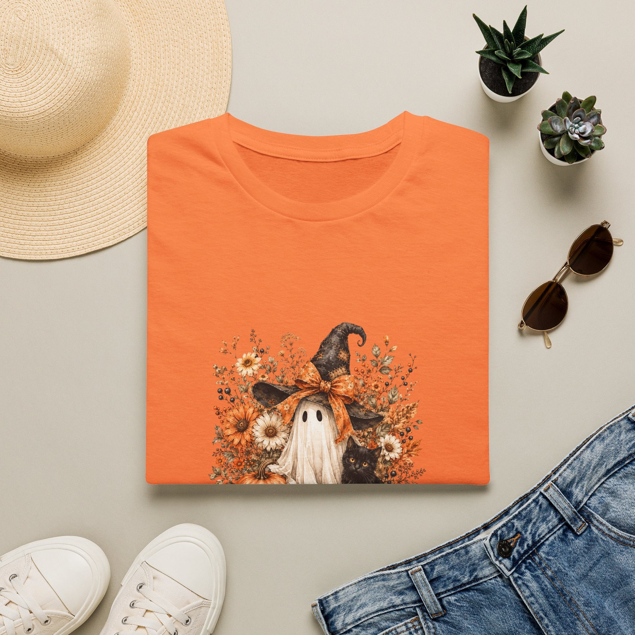 Halloween Witch Ghost & Cat T-Shirt — Cute Spooky Gift for Women Fall Floral Tee
