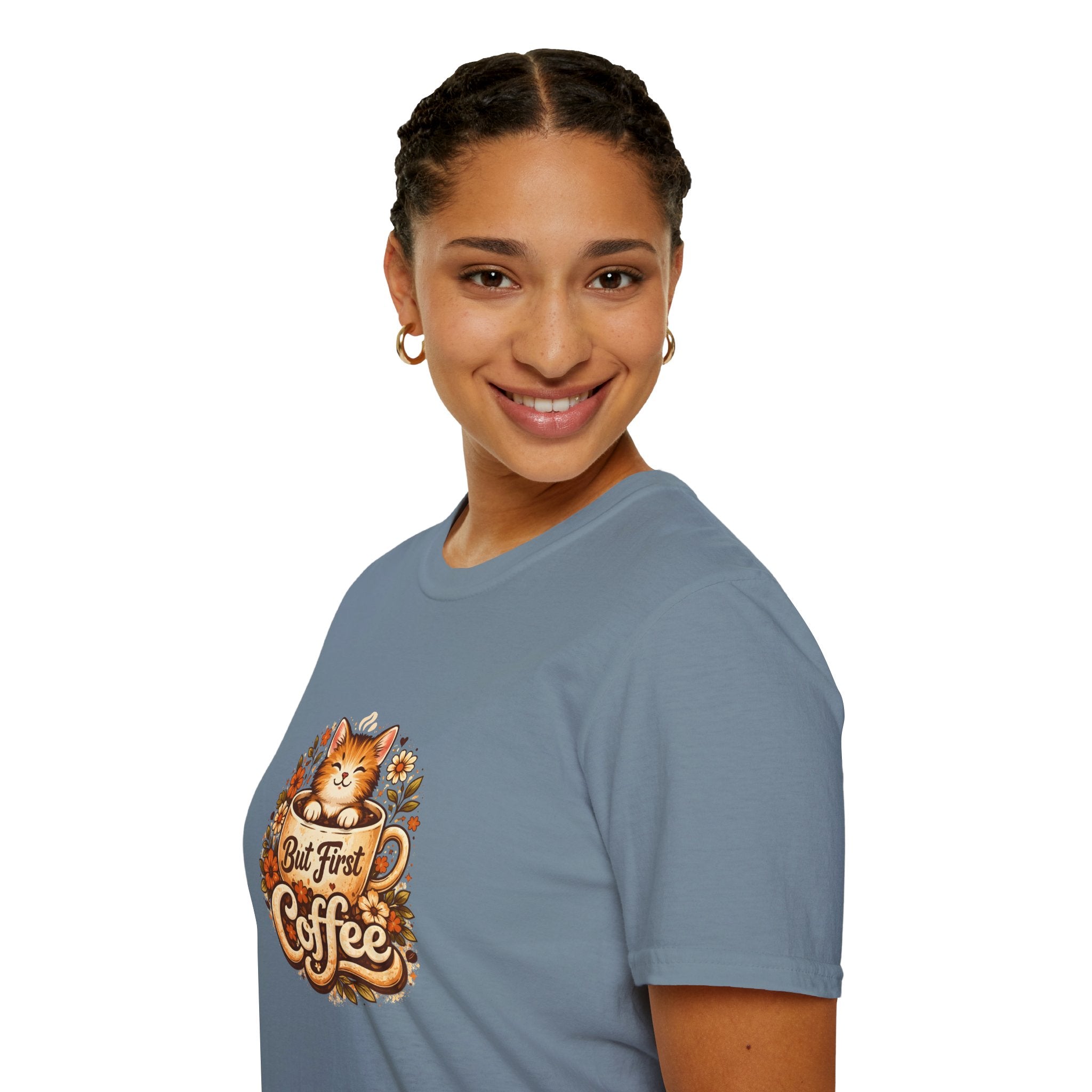 But First Coffee Cat T-Shirt — Cute Floral Gift for Coffee Lovers Women's Tee