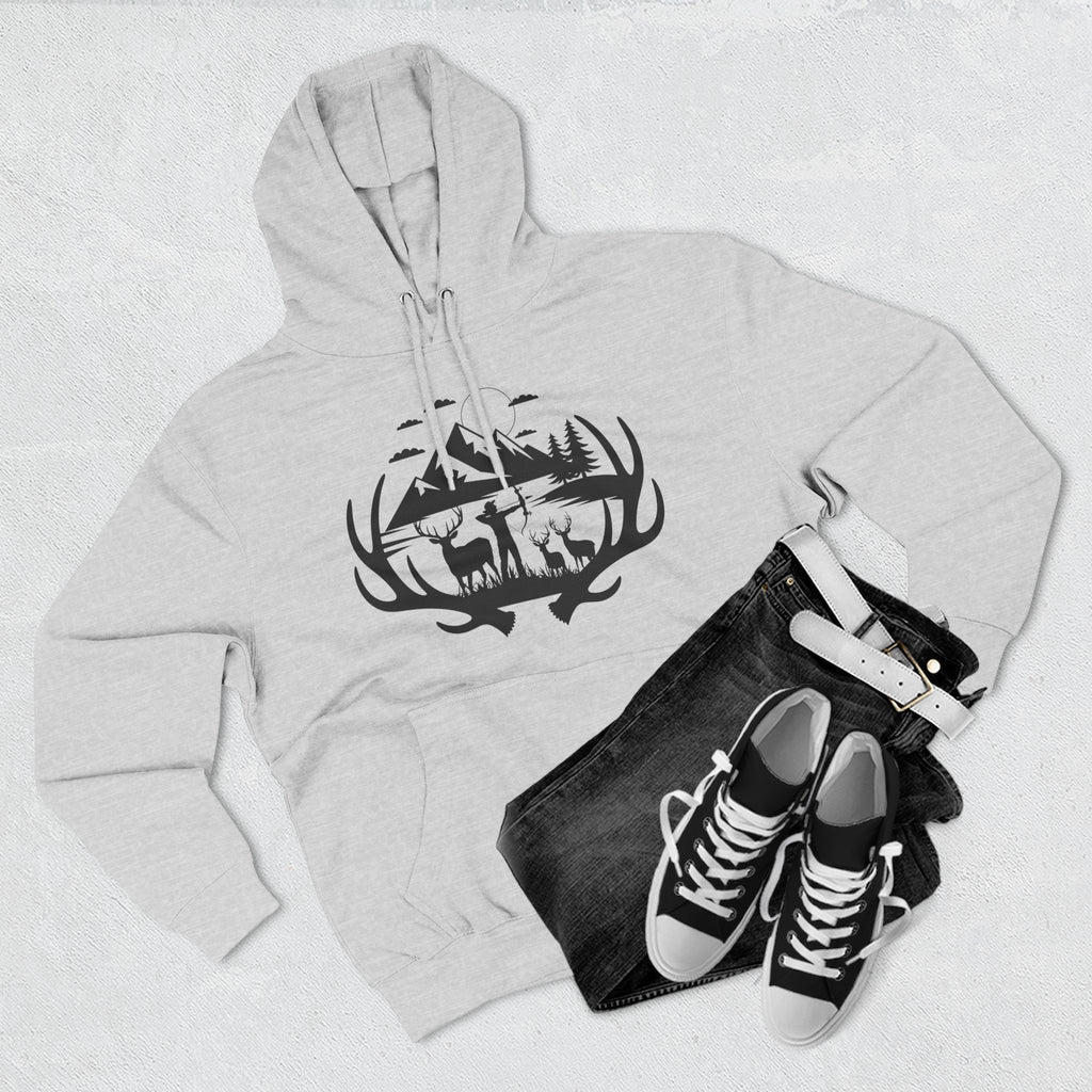 Deer Antler Mountain Hoodie — Rustic Outdoor Gift for Him Wildlife Graphic Pullover