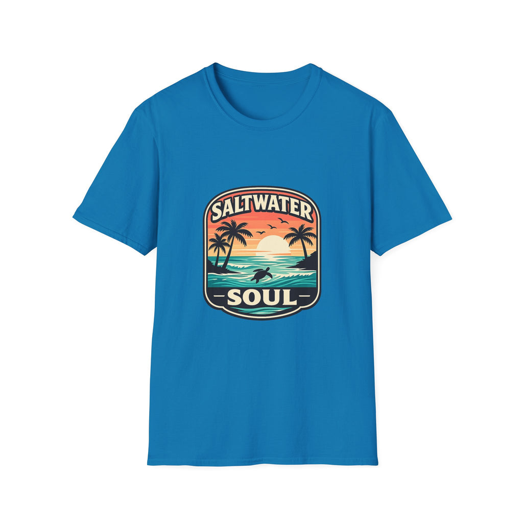 Saltwater Soul Retro Beach T-Shirt — Cute Coastal Gift for Women Sunset Palm Tee