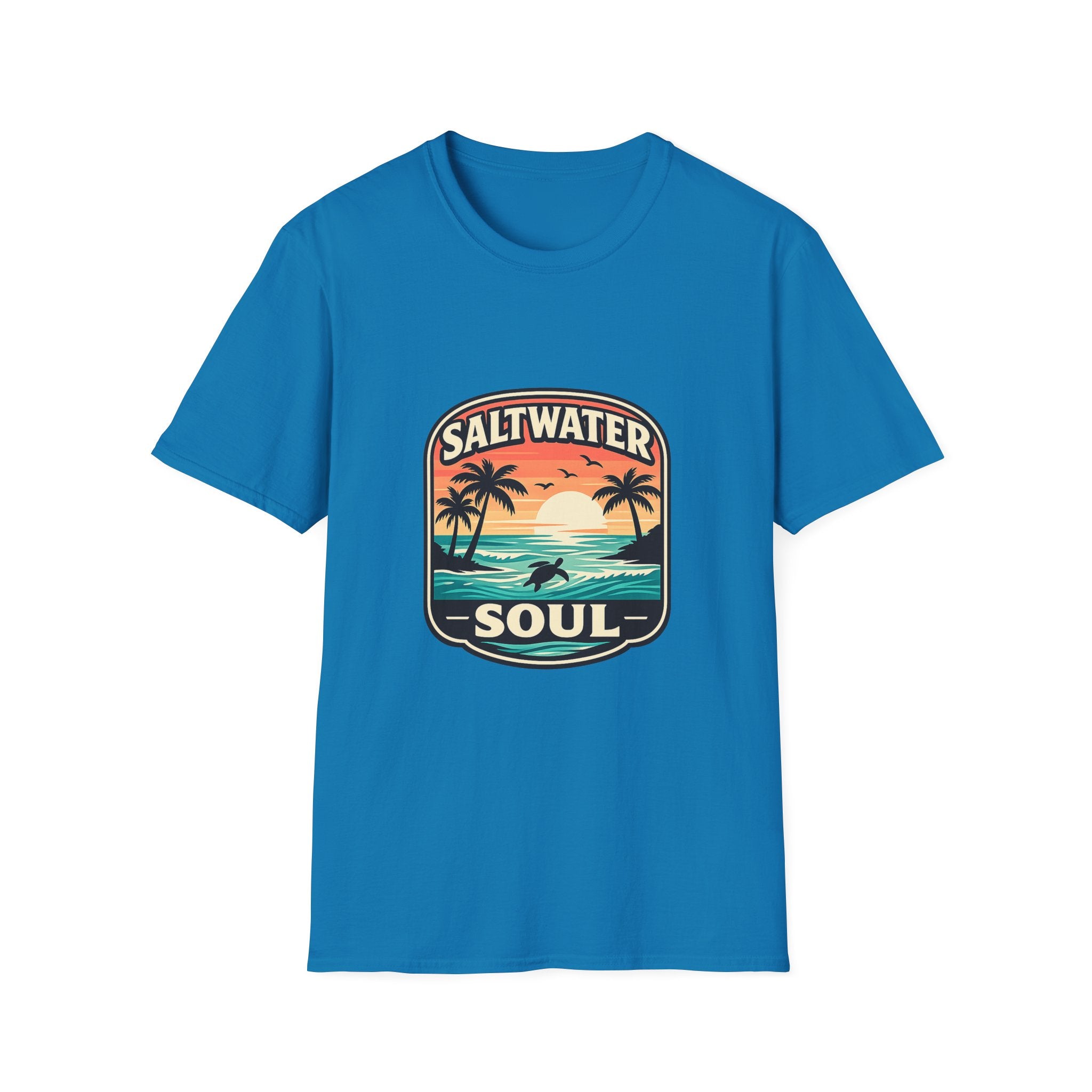 Saltwater Soul Retro Beach T-Shirt — Cute Coastal Gift for Women Sunset Palm Tee