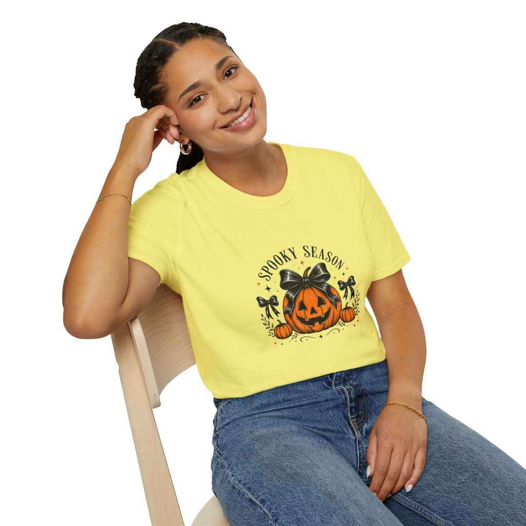 Spooky Season Jack-O'-Lantern Bow T-Shirt — Cute Halloween Gift for Women Graphic Tee
