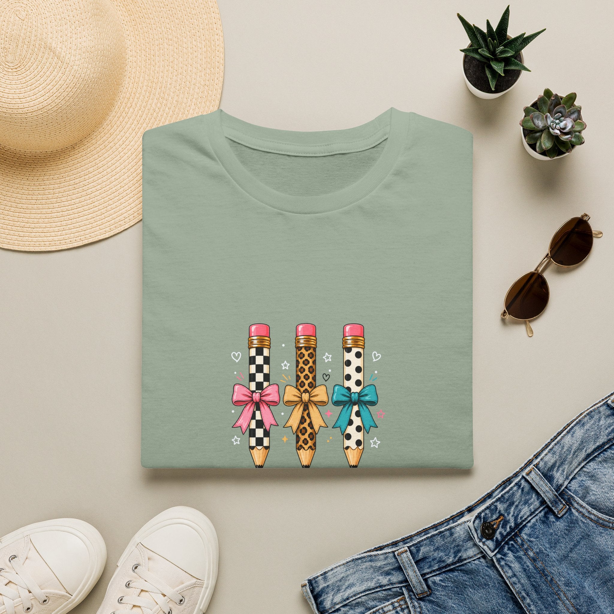 Pencil Trio Graphic T-Shirt — Cute Patterned Pencils with Bows