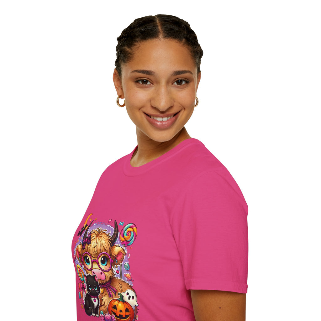 Cute Halloween Cow T-Shirt — Funny Gift for Her Candy Pumpkins & Kitty Costume Tee