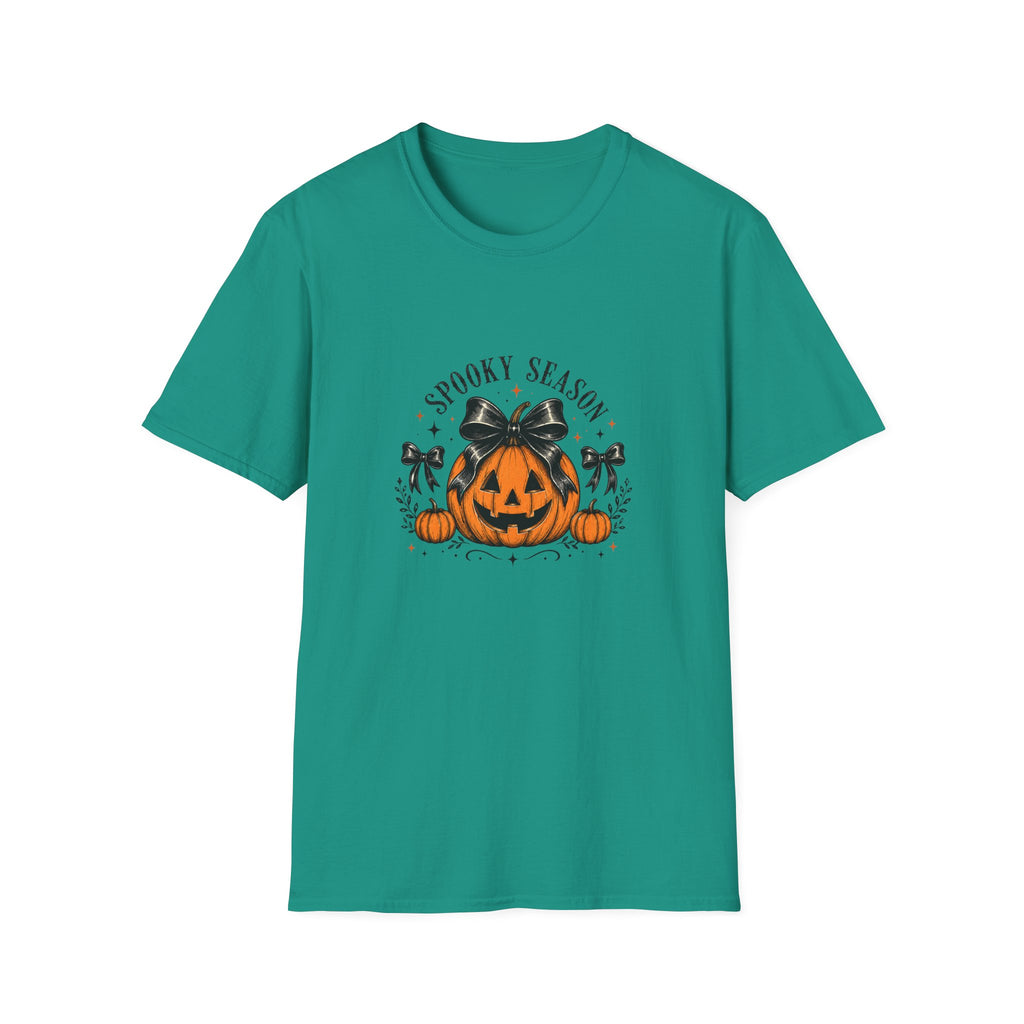 Spooky Season Jack-O'-Lantern Bow T-Shirt — Cute Halloween Gift for Women Graphic Tee