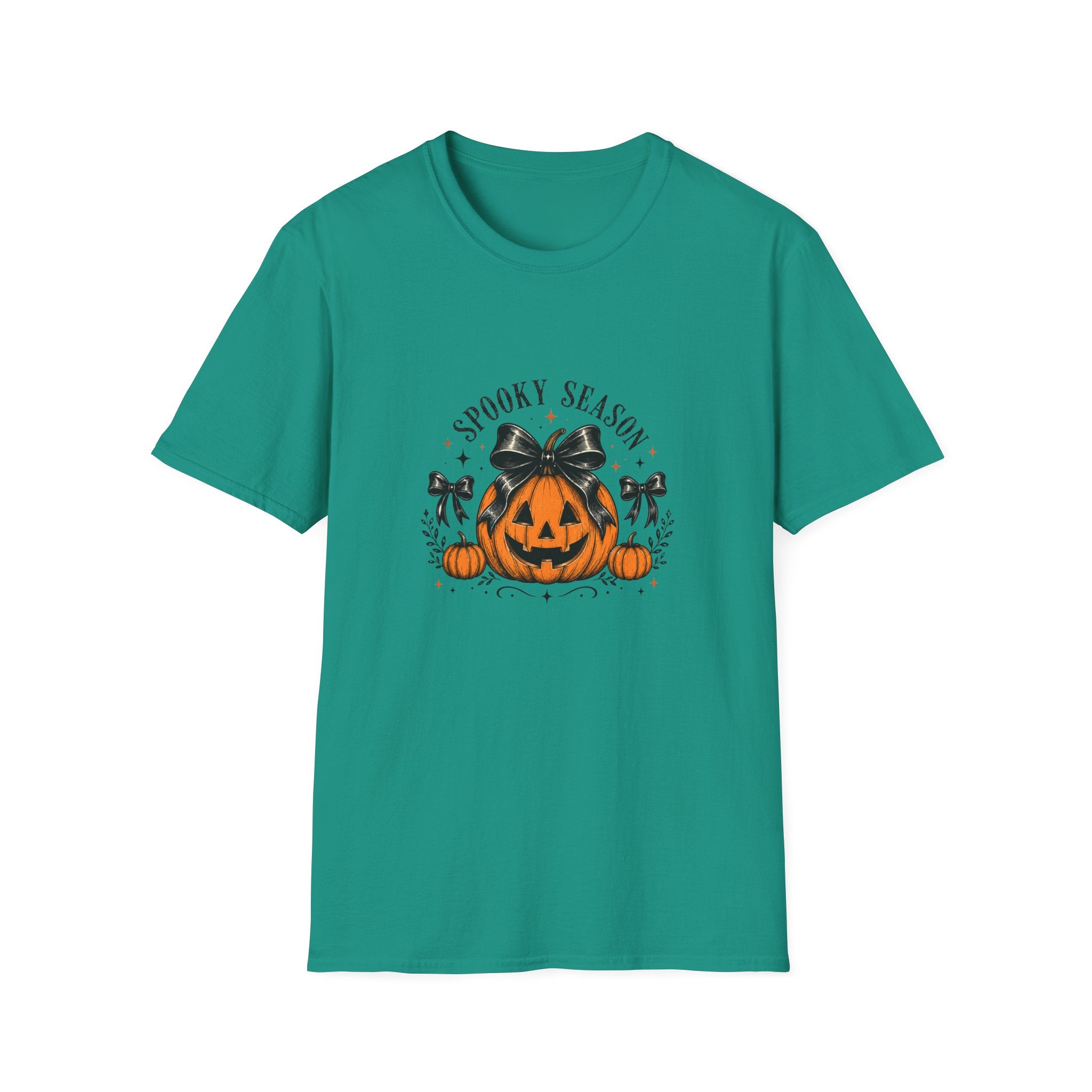 Spooky Season Jack-O'-Lantern Bow T-Shirt — Cute Halloween Gift for Women Graphic Tee