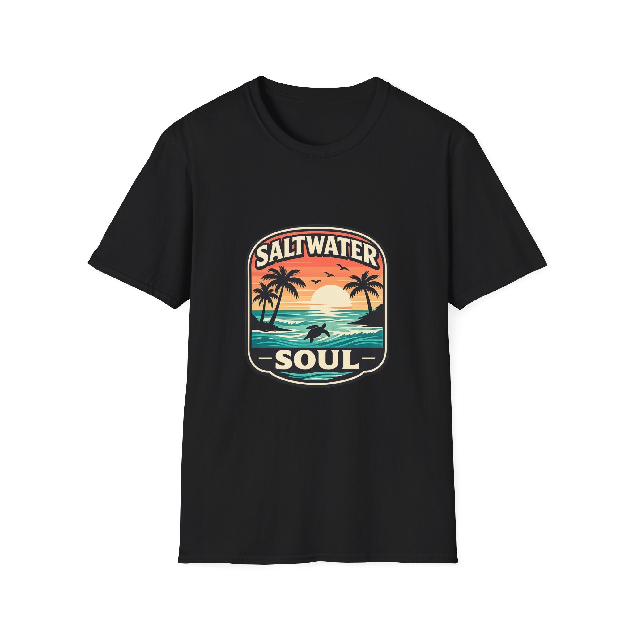 Saltwater Soul Retro Beach T-Shirt — Cute Coastal Gift for Women Sunset Palm Tee