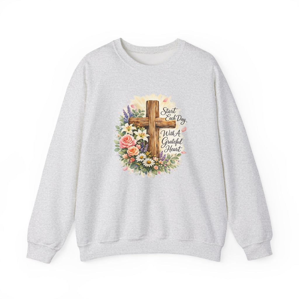 Christian Crewneck Sweatshirt — "Start Each Day with a Grateful Heart" Floral Cross