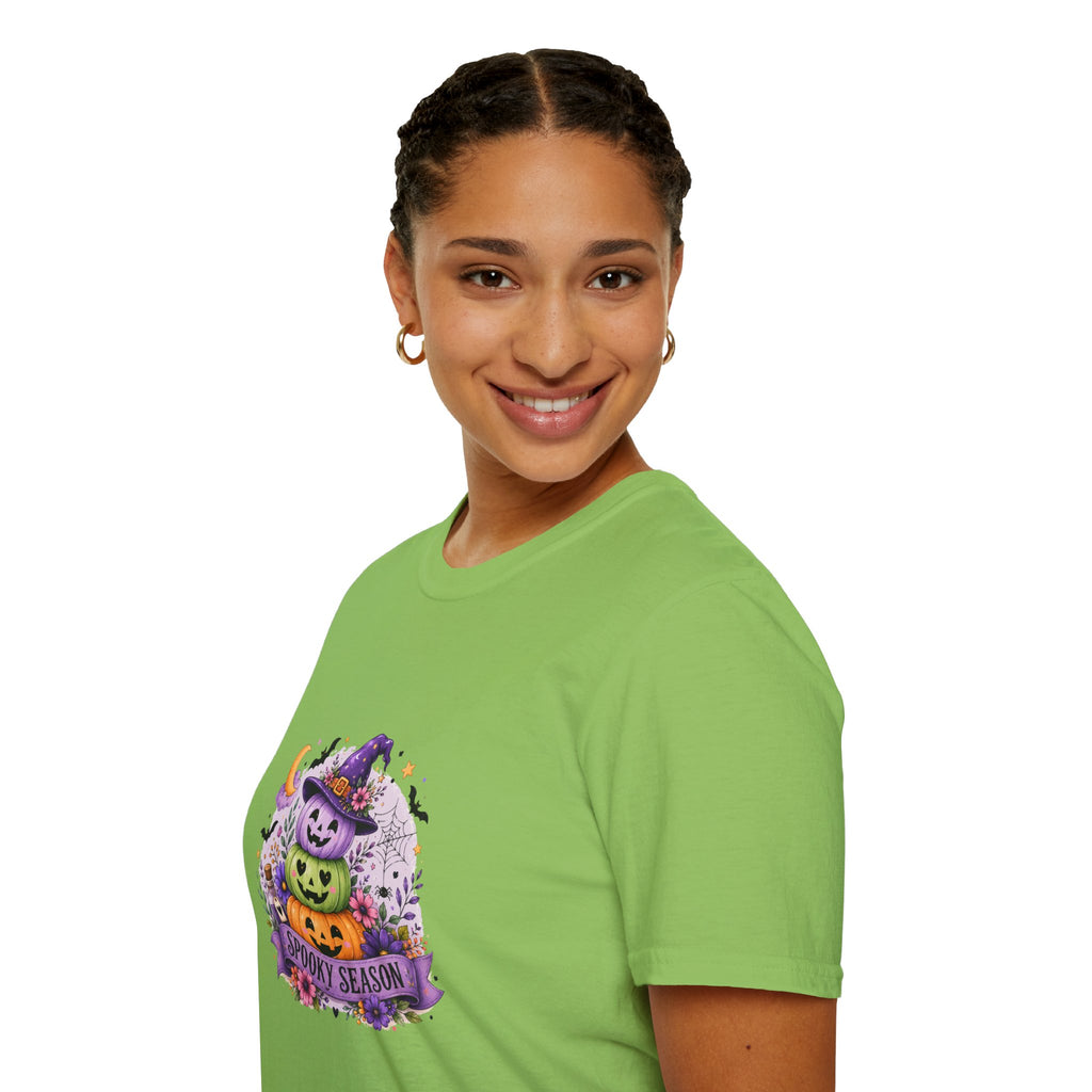 Spooky Season Pumpkin Stack T-Shirt — Cute Halloween Gift for Women Witch Hat Tee