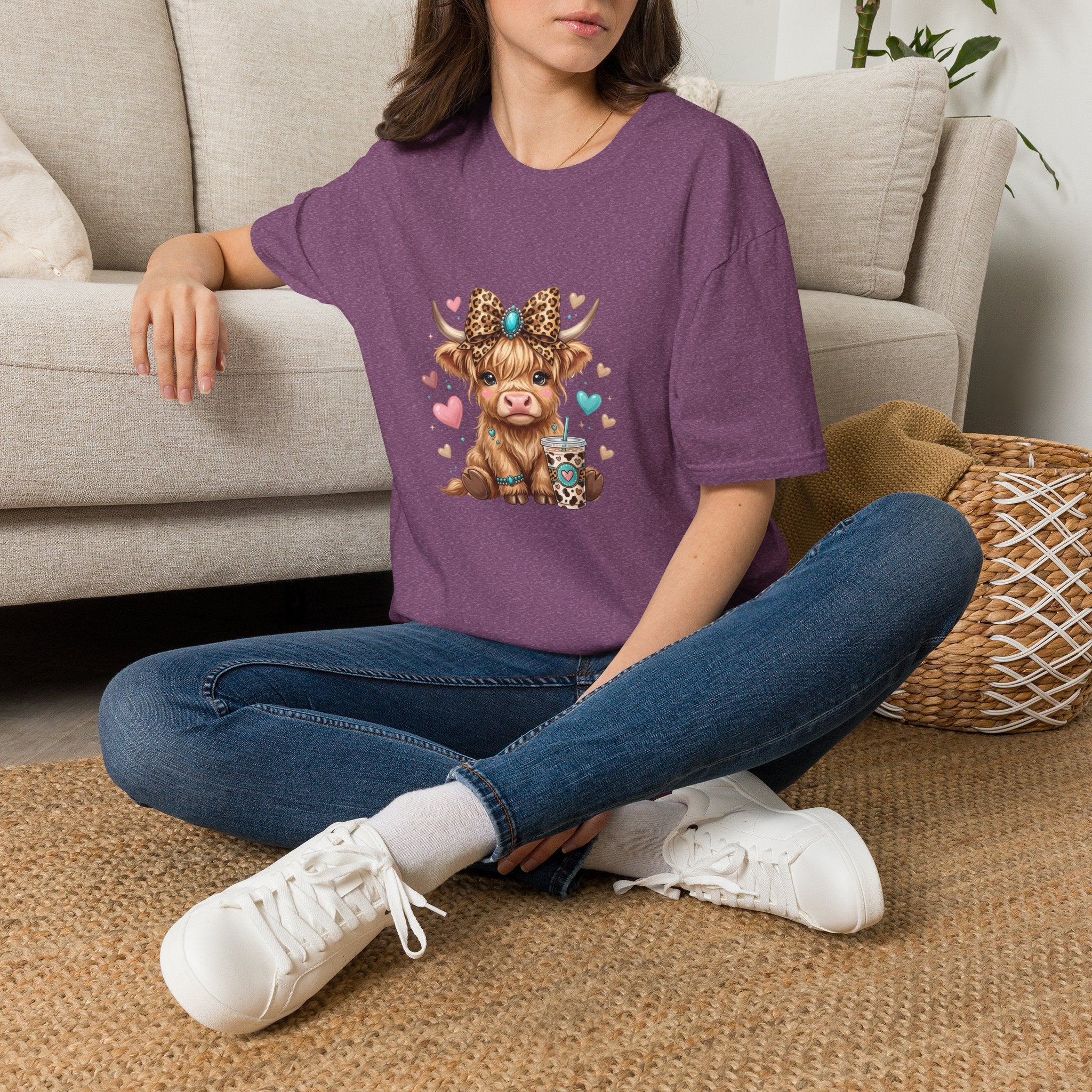 Highland Cow Leopard Bow T-Shirt — Cute Funny Gift for Her Hearts Graphic Tee