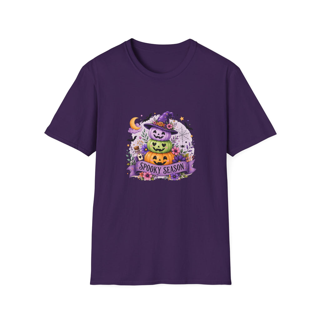 Spooky Season Pumpkin Stack T-Shirt — Cute Halloween Gift for Women Witch Hat Tee