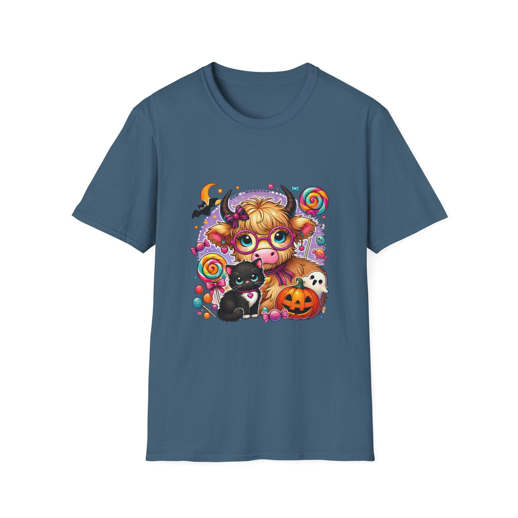Cute Halloween Cow T-Shirt — Funny Gift for Her Candy Pumpkins & Kitty Costume Tee