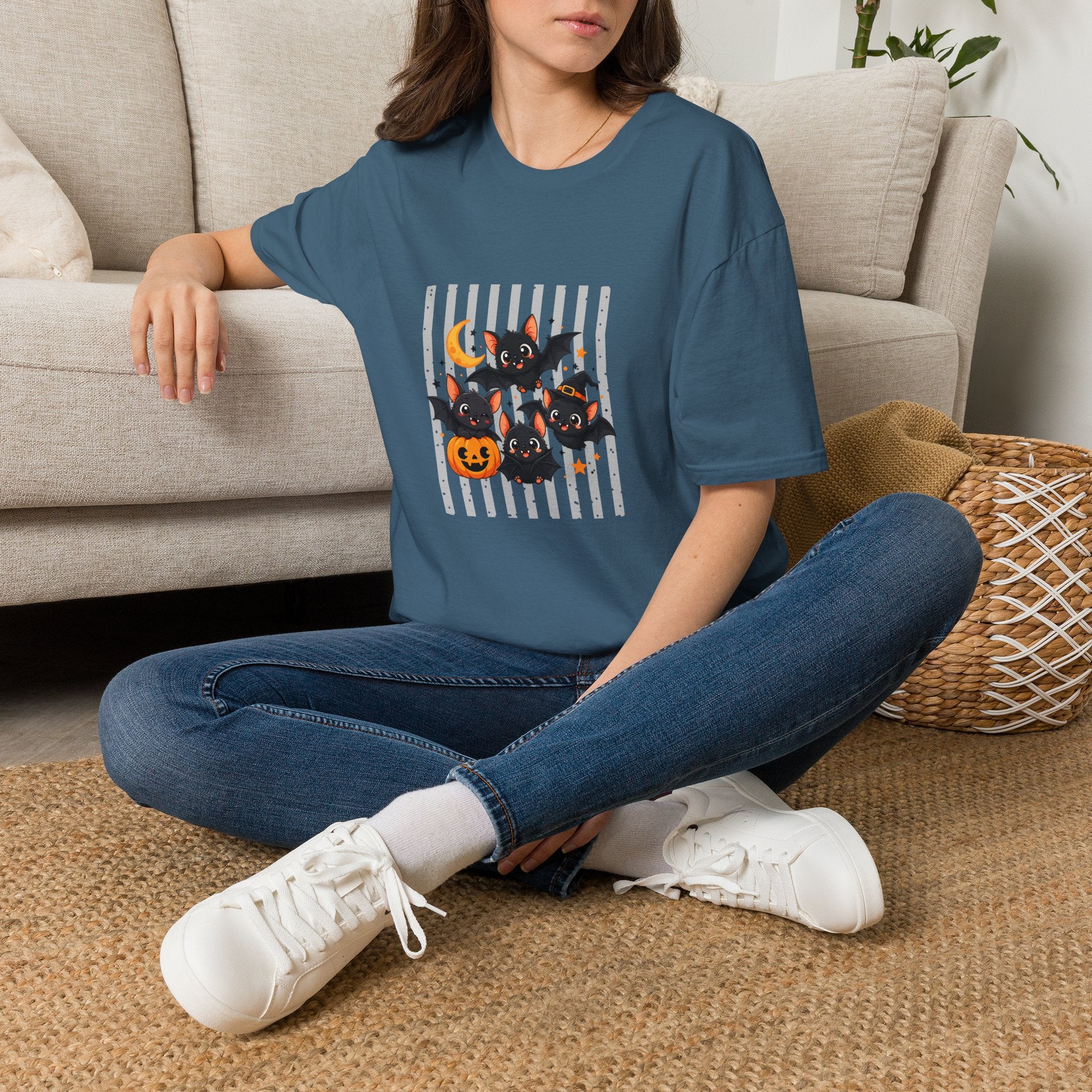 Halloween Bats Pumpkin Moon T-Shirt — Cute Spooky Gift for Women Graphic Tee