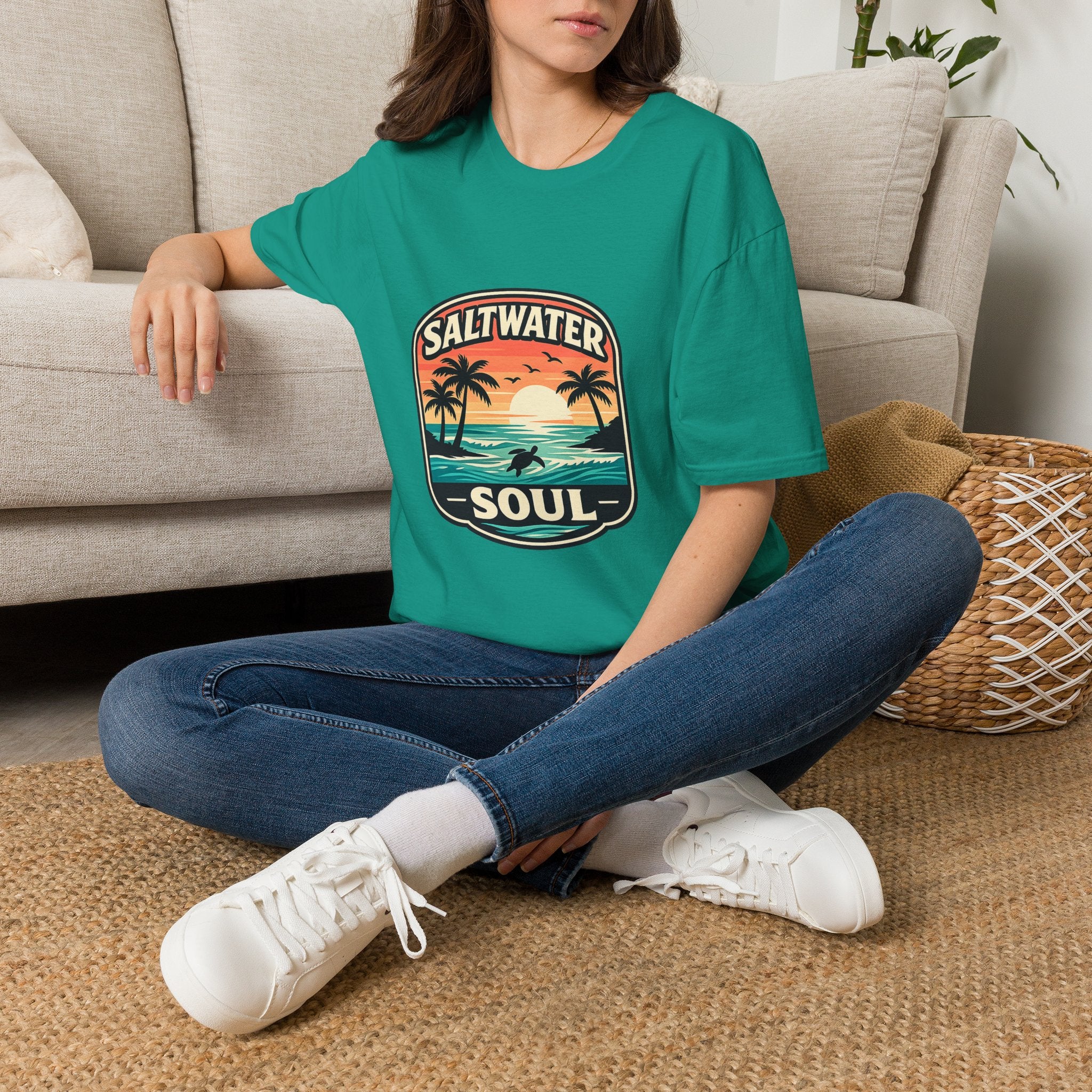 Saltwater Soul Retro Beach T-Shirt — Cute Coastal Gift for Women Sunset Palm Tee