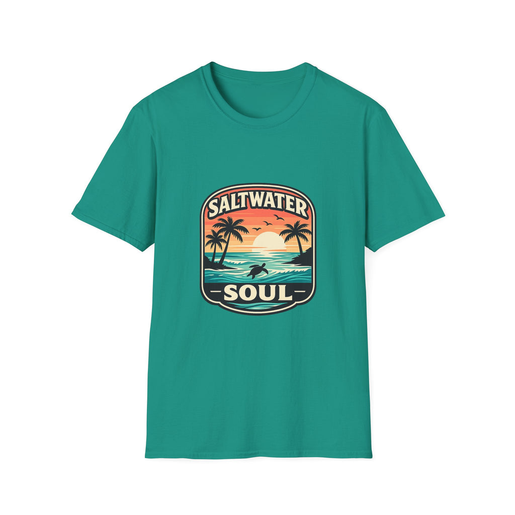 Saltwater Soul Retro Beach T-Shirt — Cute Coastal Gift for Women Sunset Palm Tee