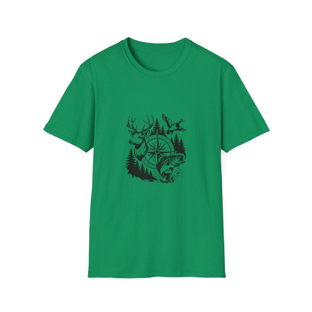 Outdoor Wildlife Compass T-Shirt — Deer Duck & Fish Nature Gift for Hunters