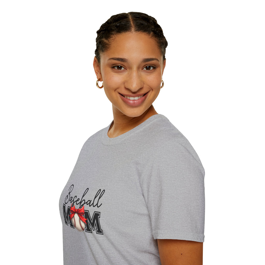 Baseball Mom T-Shirt — Cute Red Bow Gift for Sports Moms Game Day Graphic Tee
