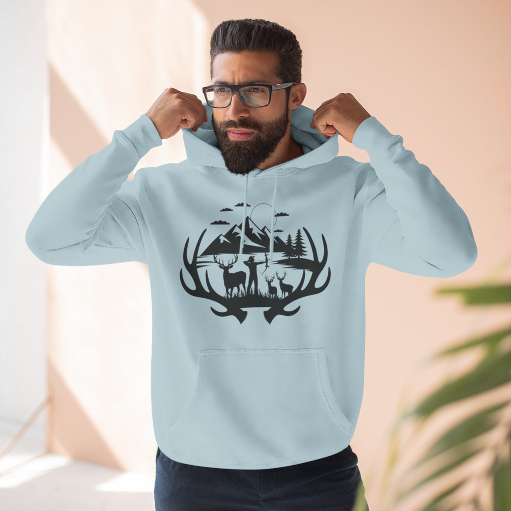 Deer Antler Mountain Hoodie — Rustic Outdoor Gift for Him Wildlife Graphic Pullover