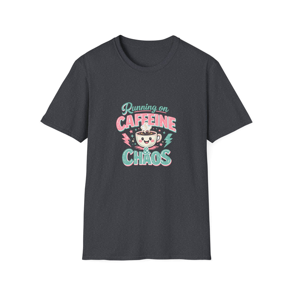 Running on Caffeine & Chaos T-Shirt — Funny Gift for Coffee Loving Moms Graphic Tee