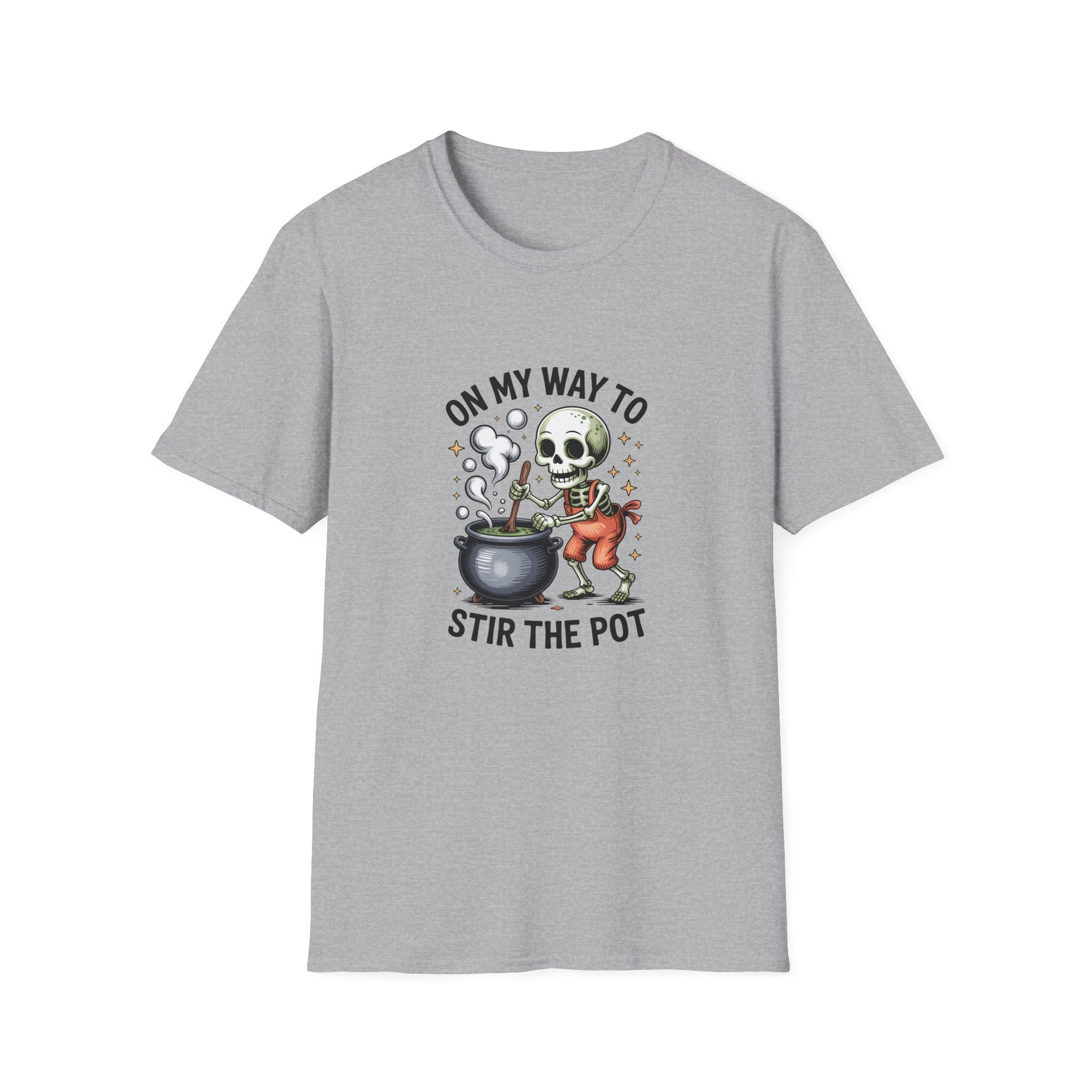 On My Way to Stir the Pot Skeleton T-Shirt — Funny Halloween Gift for Women